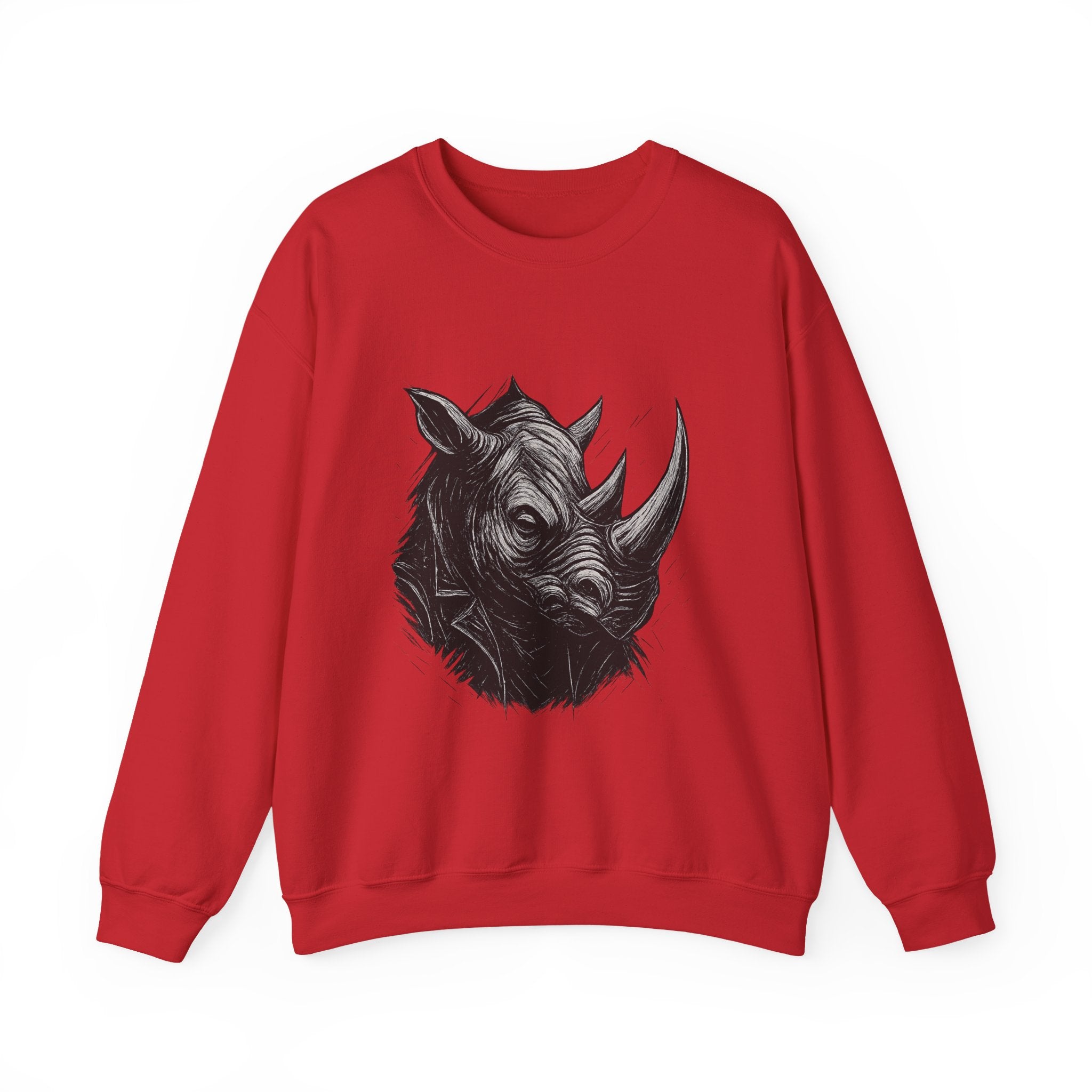 Grunge Rhino Crewneck Sweatshirt, Punk Style Black and White Rhino Design, Distressed Illustration, Rebel Animal Graphic Sweatshirt, Linocut