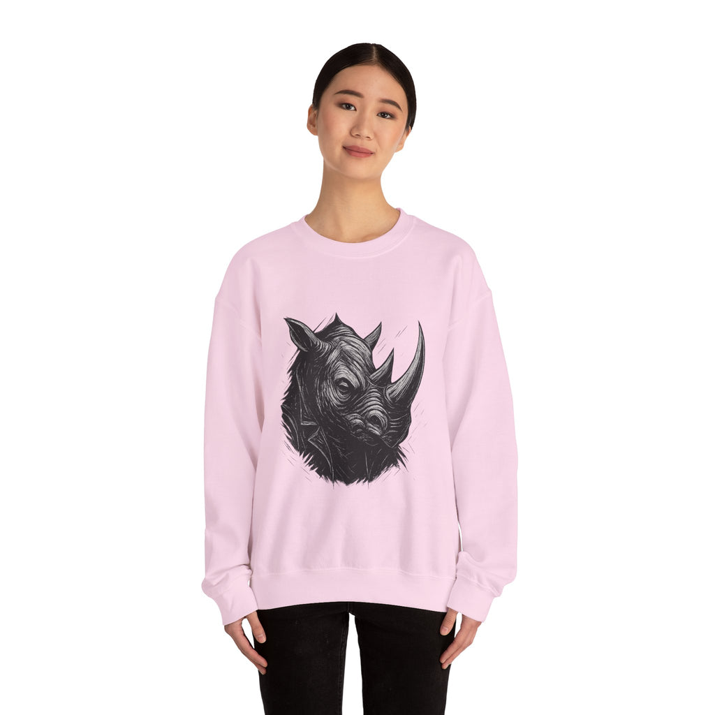 Grunge Rhino Crewneck Sweatshirt, Punk Style Black and White Rhino Design, Distressed Illustration, Rebel Animal Graphic Sweatshirt, Linocut