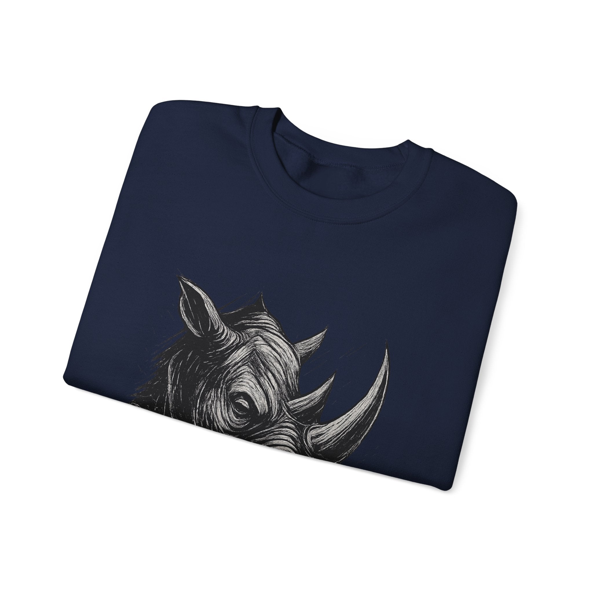 Grunge Rhino Crewneck Sweatshirt, Punk Style Black and White Rhino Design, Distressed Illustration, Rebel Animal Graphic Sweatshirt, Linocut
