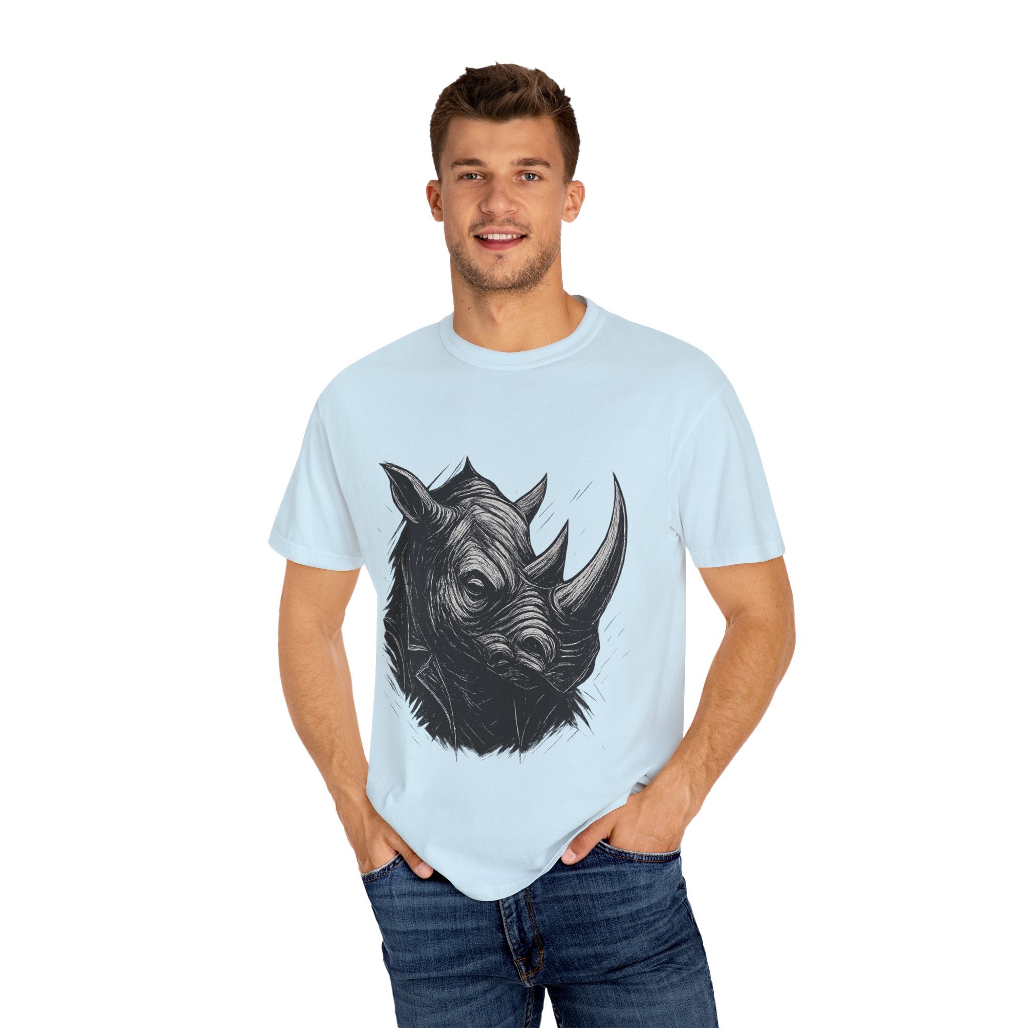 Grunge Rhino T-shirt, Punk Rhino Tee, Rhino Linocut Shirt, Rebel Rhinoceros Top, Edgy Animal Graphic Tee