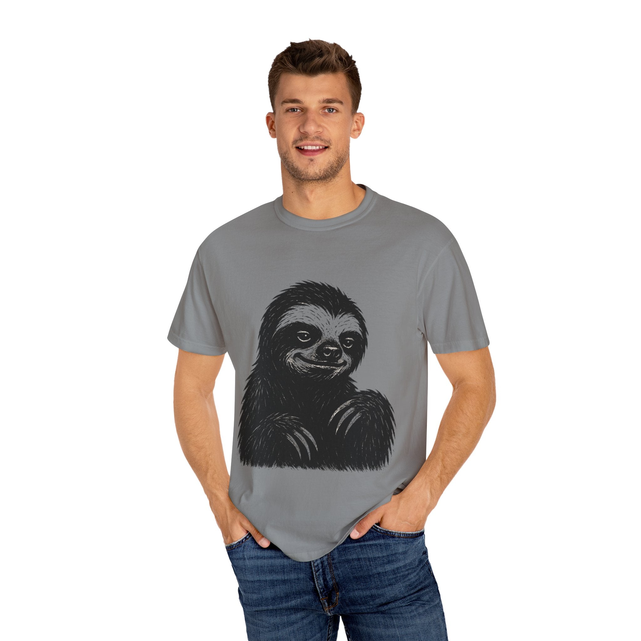 Sloth Linocut T-shirt, Grunge Style Tee, Rebel Sloth Graphic Shirt, Distressed Off-White Top, Bold Black Print, Handmade Illustration,