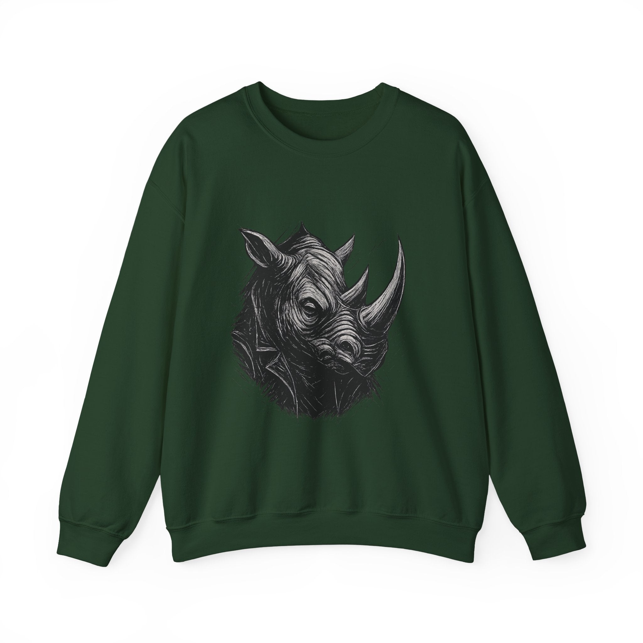 Grunge Rhino Crewneck Sweatshirt, Punk Style Black and White Rhino Design, Distressed Illustration, Rebel Animal Graphic Sweatshirt, Linocut