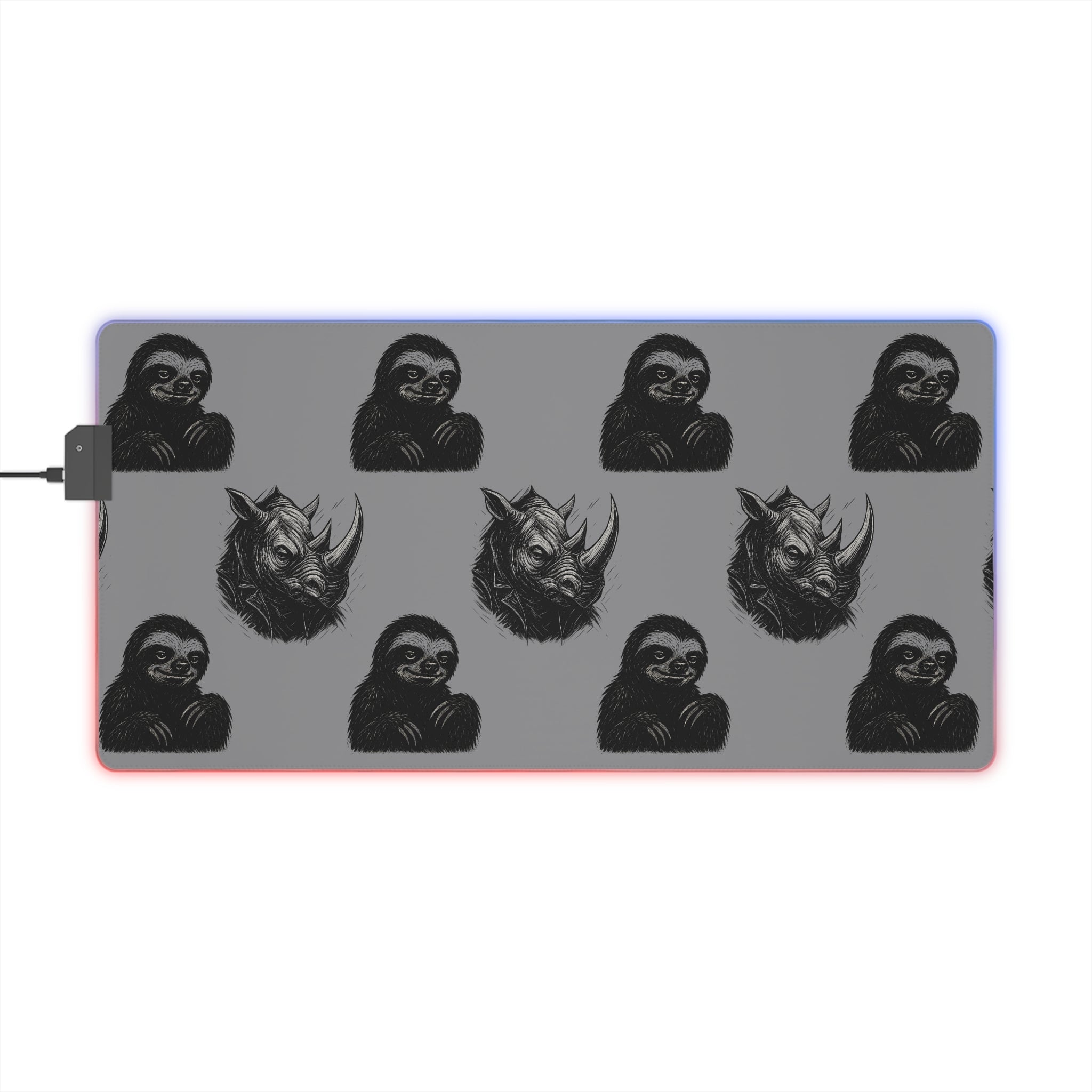 LED Gaming Mouse Pad with Unique Creature Design, Rhino and Sloth Illustrations, Punk Style Desk Mat for Gamers, Birthday Gift, Gaming