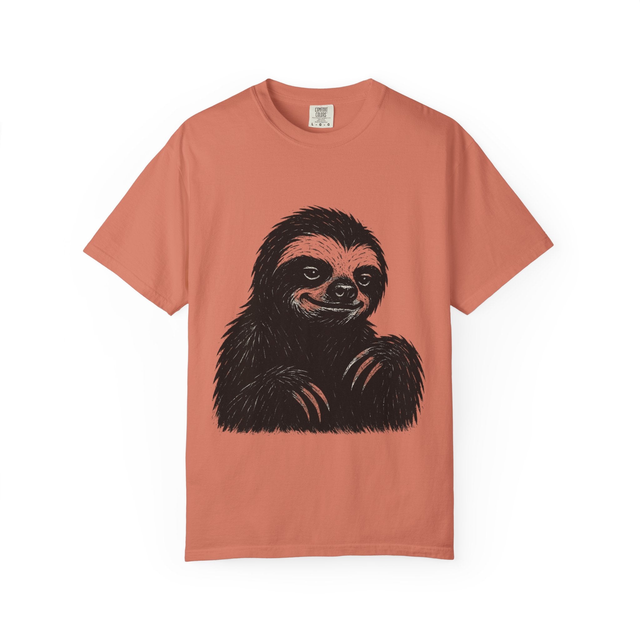 Sloth Linocut T-shirt, Grunge Style Tee, Rebel Sloth Graphic Shirt, Distressed Off-White Top, Bold Black Print, Handmade Illustration,