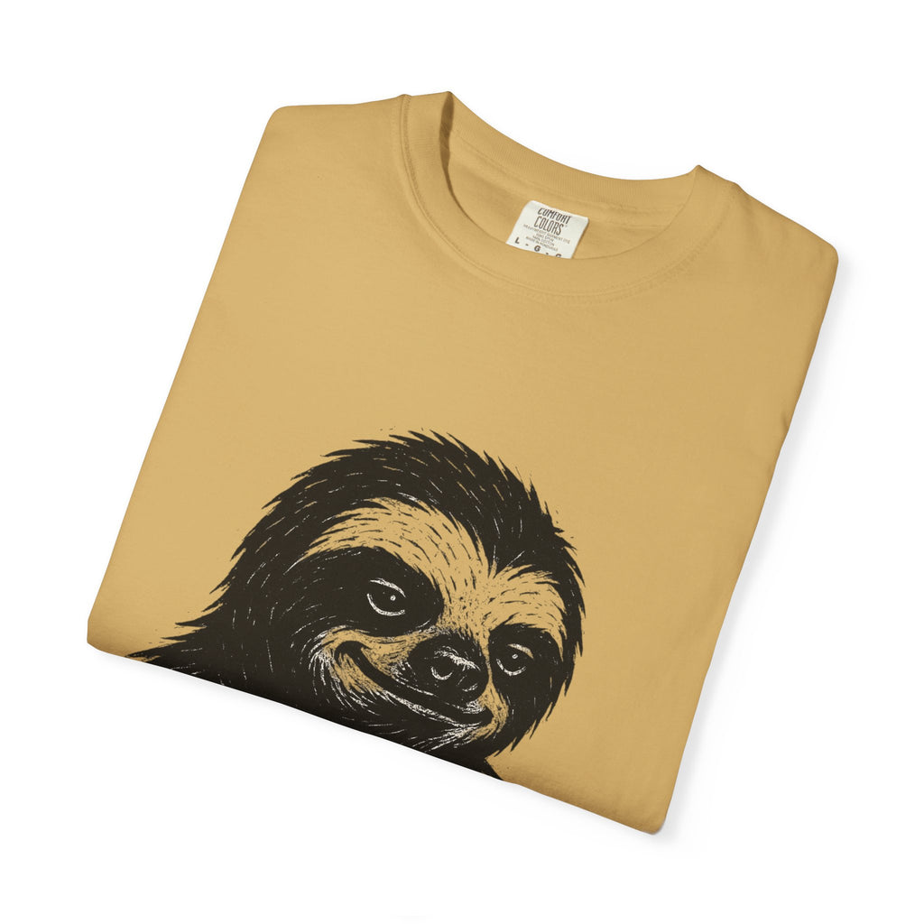 Sloth Linocut T-shirt, Grunge Style Tee, Rebel Sloth Graphic Shirt, Distressed Off-White Top, Bold Black Print, Handmade Illustration,