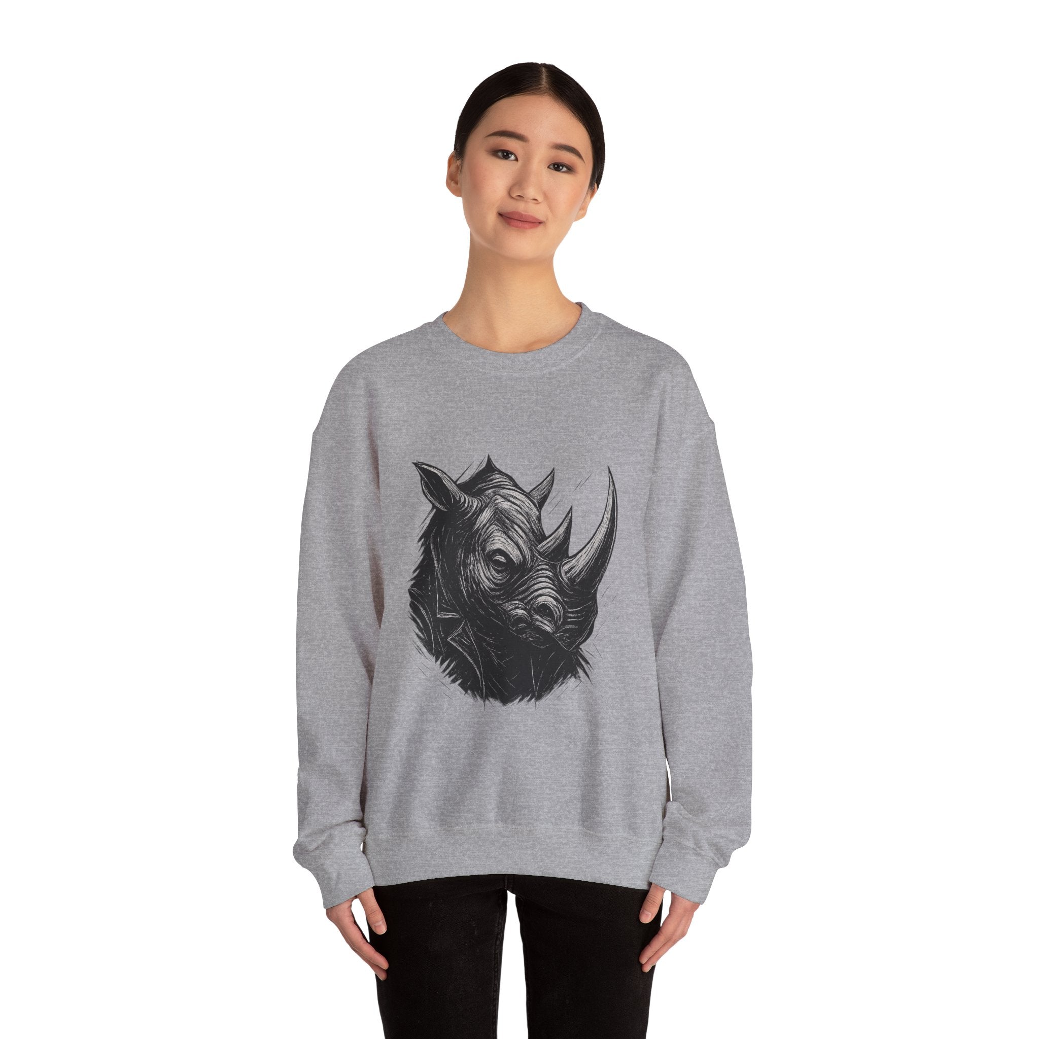Grunge Rhino Crewneck Sweatshirt, Punk Style Black and White Rhino Design, Distressed Illustration, Rebel Animal Graphic Sweatshirt, Linocut