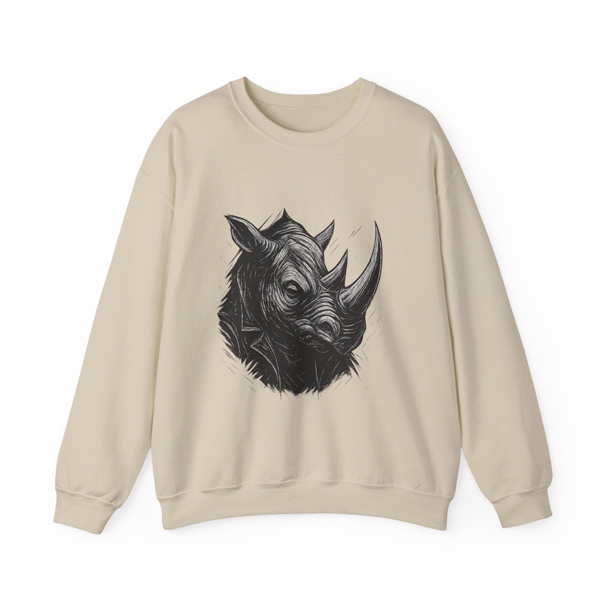 Grunge Rhino Crewneck Sweatshirt, Punk Style Black and White Rhino Design, Distressed Illustration, Rebel Animal Graphic Sweatshirt, Linocut