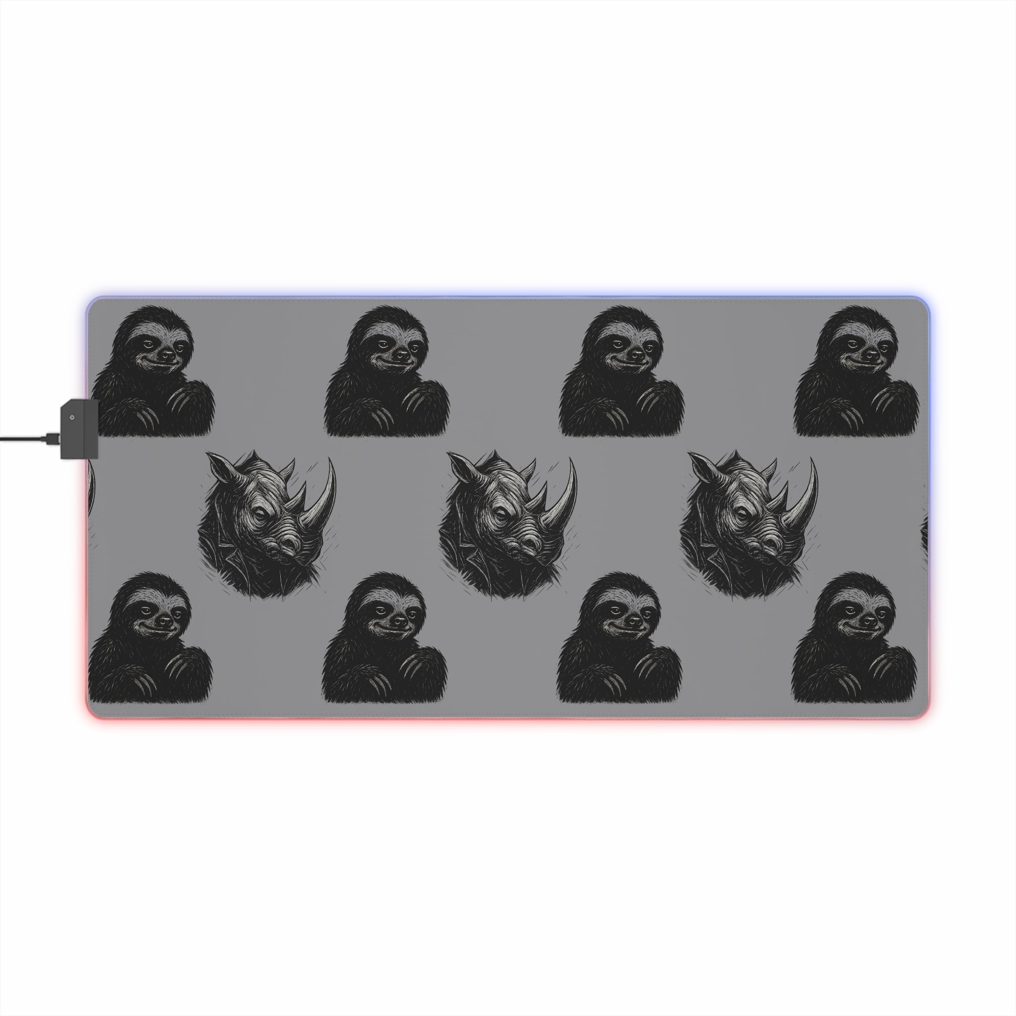 LED Gaming Mouse Pad with Unique Creature Design, Rhino and Sloth Illustrations, Punk Style Desk Mat for Gamers, Birthday Gift, Gaming