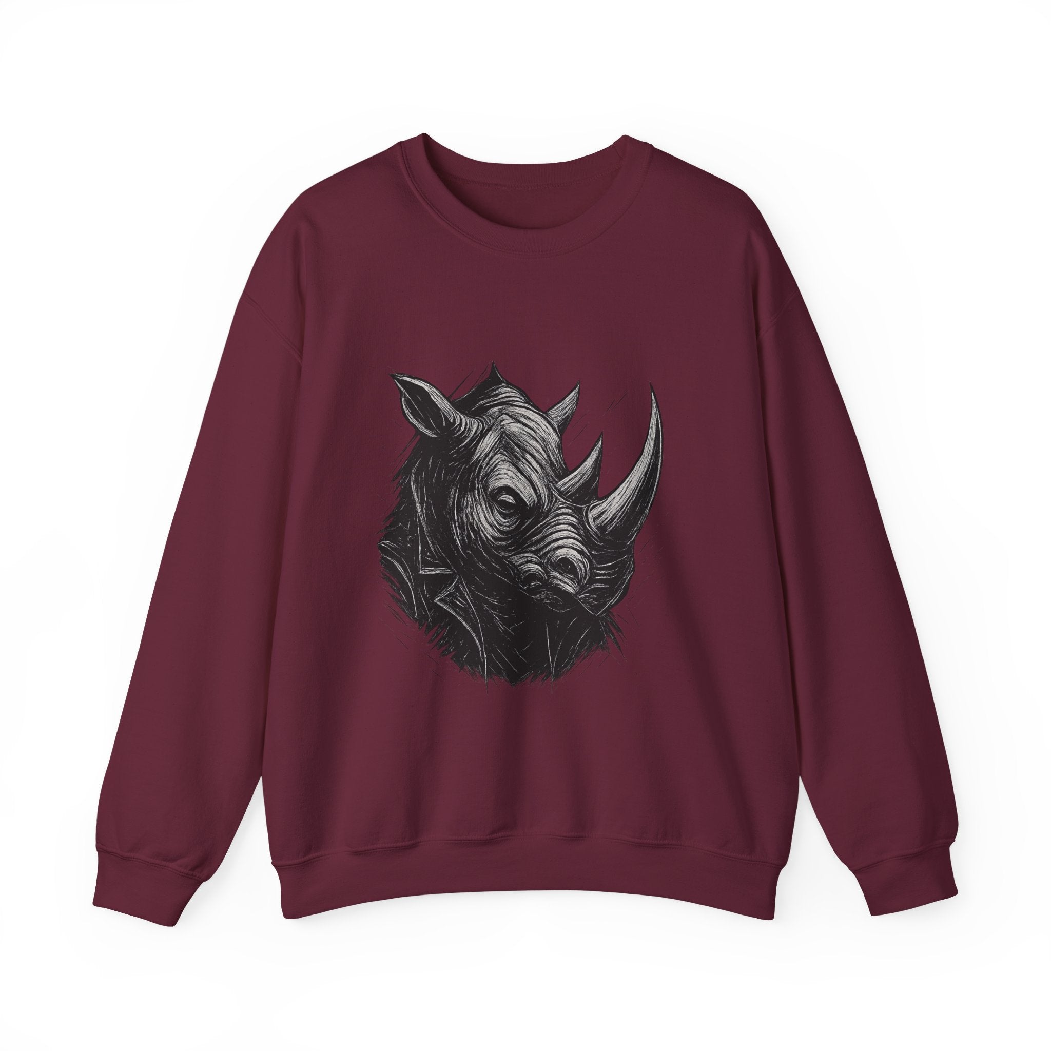 Grunge Rhino Crewneck Sweatshirt, Punk Style Black and White Rhino Design, Distressed Illustration, Rebel Animal Graphic Sweatshirt, Linocut