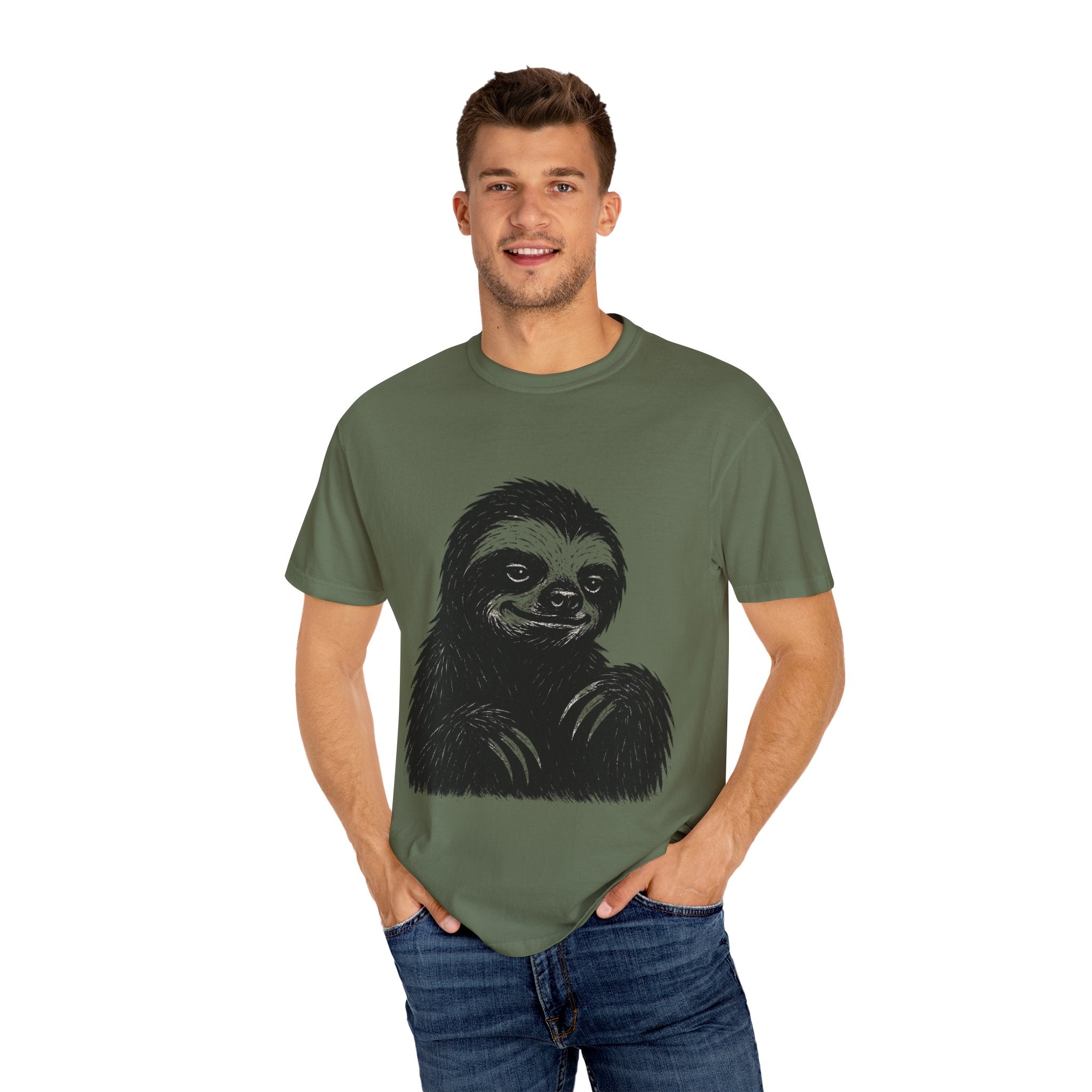 Sloth Linocut T-shirt, Grunge Style Tee, Rebel Sloth Graphic Shirt, Distressed Off-White Top, Bold Black Print, Handmade Illustration,