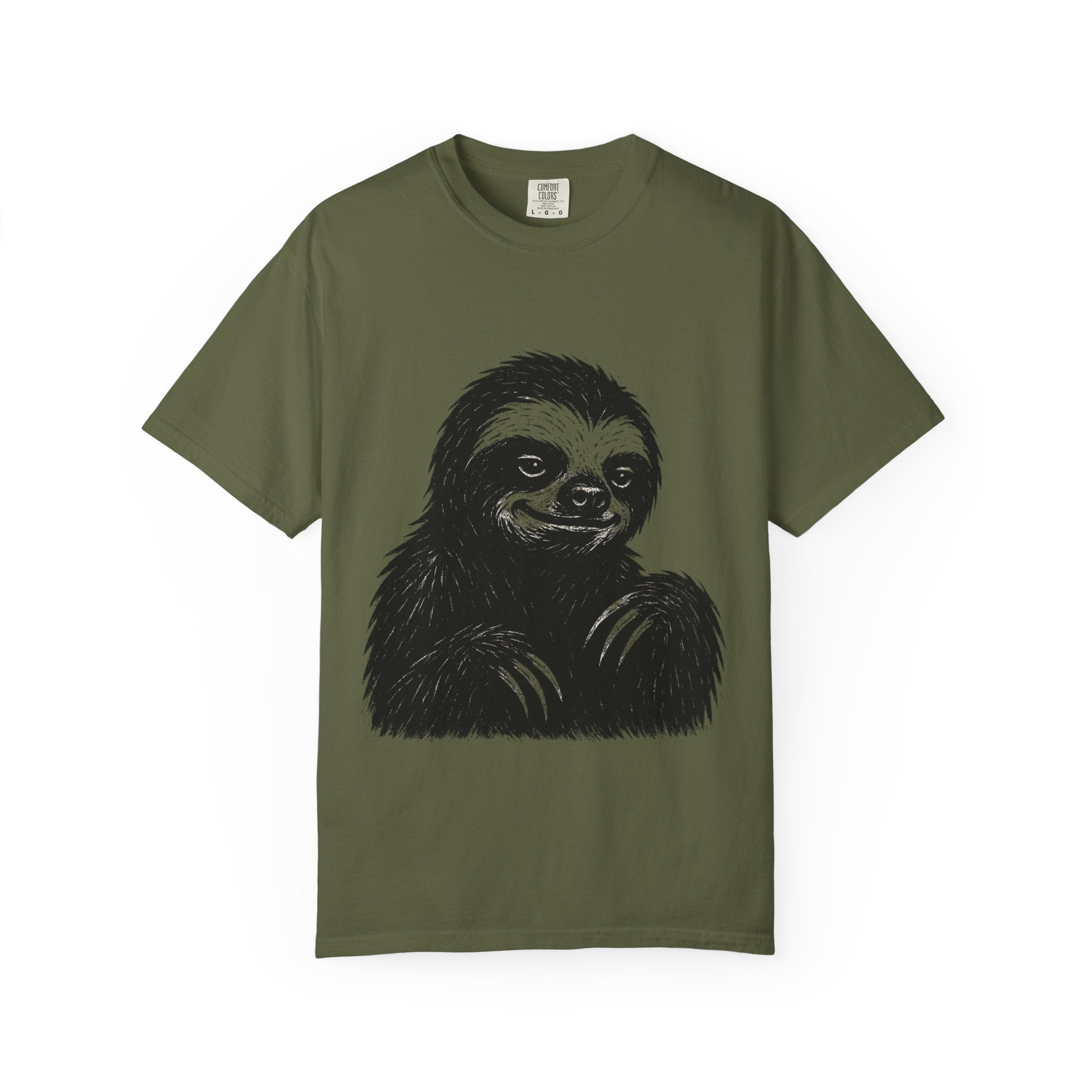 Sloth Linocut T-shirt, Grunge Style Tee, Rebel Sloth Graphic Shirt, Distressed Off-White Top, Bold Black Print, Handmade Illustration,