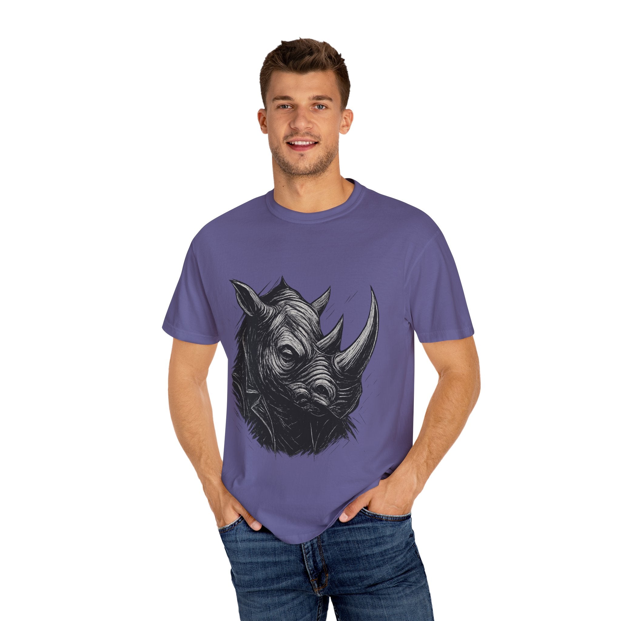 Grunge Rhino T-shirt, Punk Rhino Tee, Rhino Linocut Shirt, Rebel Rhinoceros Top, Edgy Animal Graphic Tee