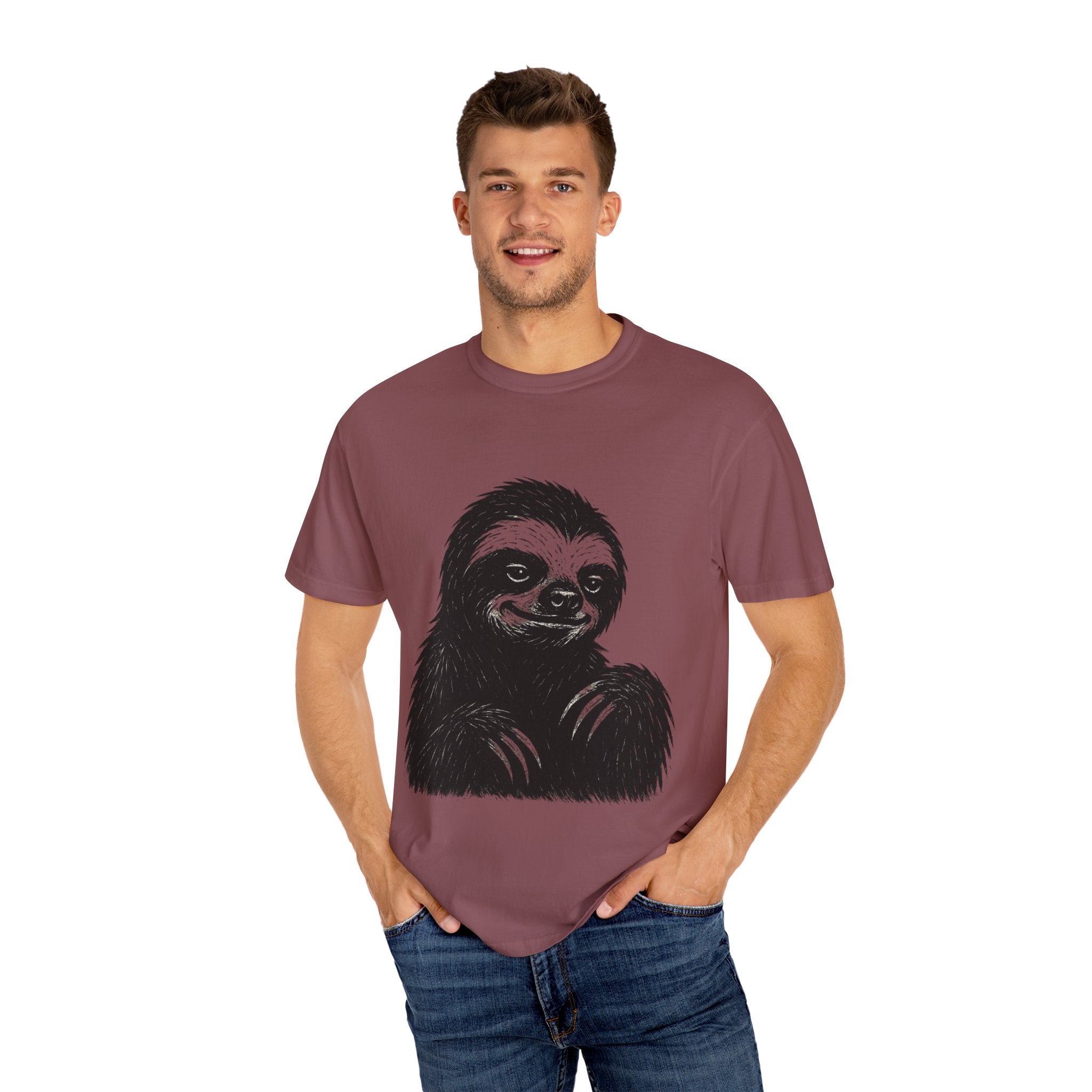 Sloth Linocut T-shirt, Grunge Style Tee, Rebel Sloth Graphic Shirt, Distressed Off-White Top, Bold Black Print, Handmade Illustration,