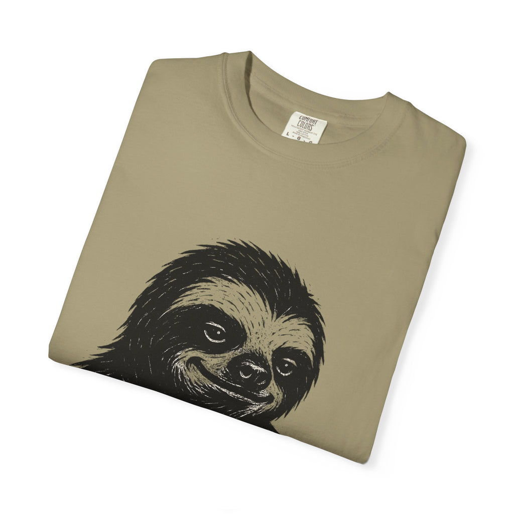 Sloth Linocut T-shirt, Grunge Style Tee, Rebel Sloth Graphic Shirt, Distressed Off-White Top, Bold Black Print, Handmade Illustration,