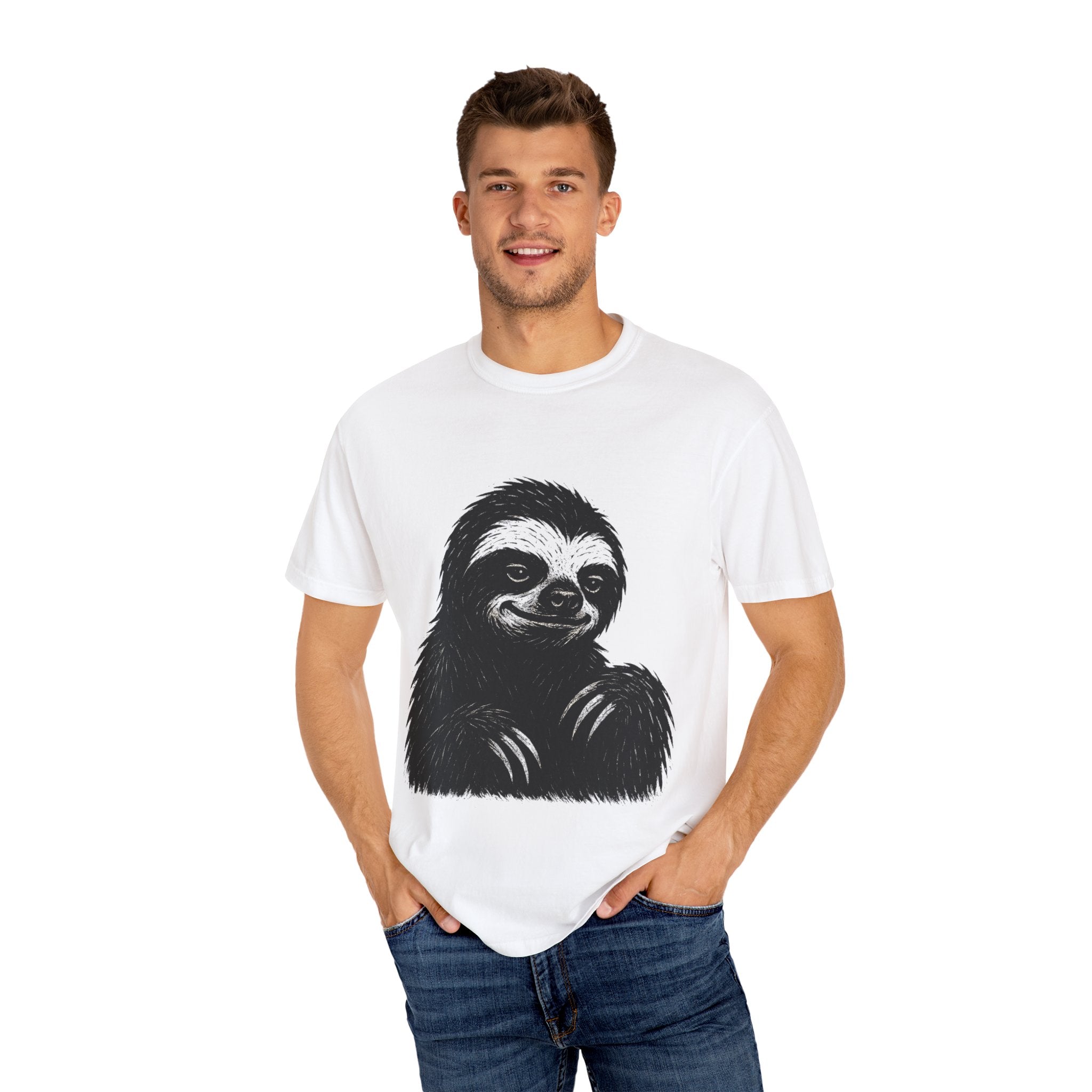 Sloth Linocut T-shirt, Grunge Style Tee, Rebel Sloth Graphic Shirt, Distressed Off-White Top, Bold Black Print, Handmade Illustration,