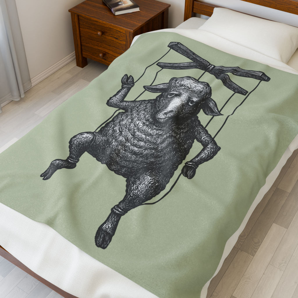 Velveteen Plush Blanket, Sheep Linocut Design Throw, Cozy Fleece Bedspread, Self-Awareness Symbol Bedding, Rebellion Quilt Cover, Handmade