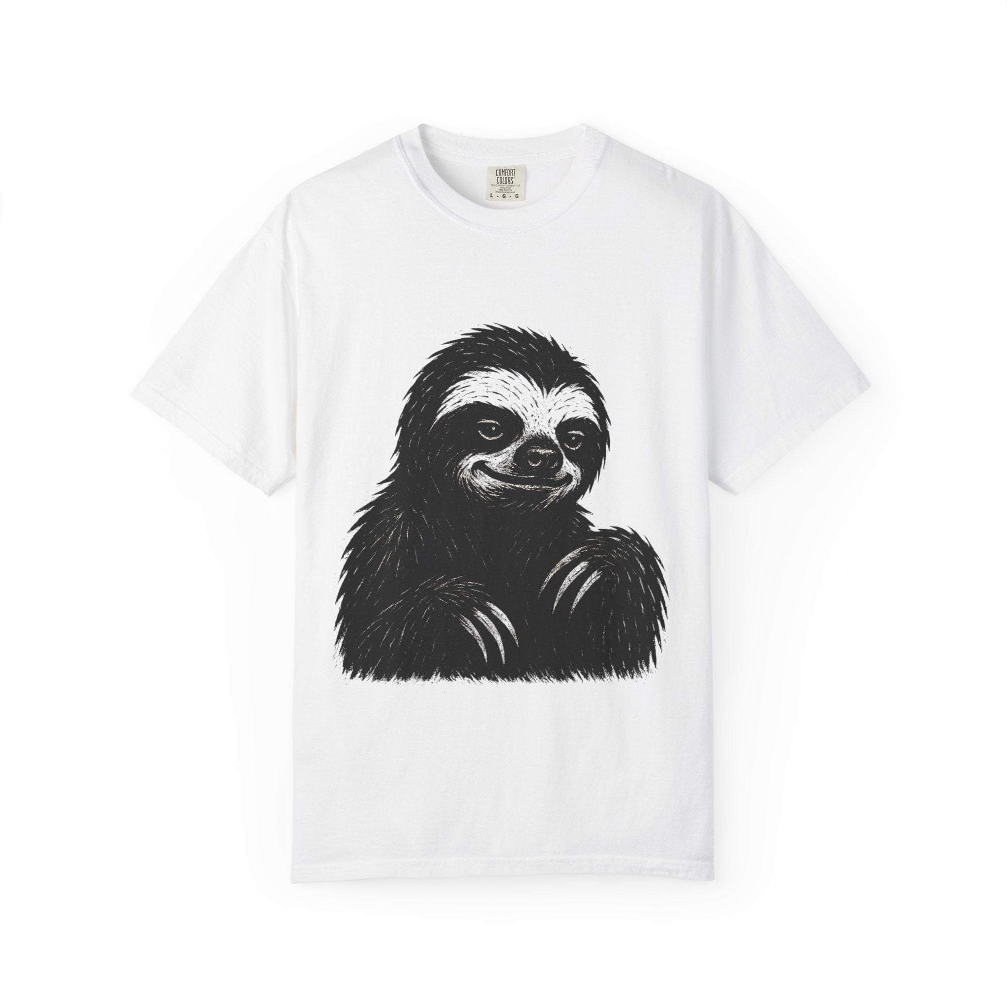 Sloth Linocut T-shirt, Grunge Style Tee, Rebel Sloth Graphic Shirt, Distressed Off-White Top, Bold Black Print, Handmade Illustration,
