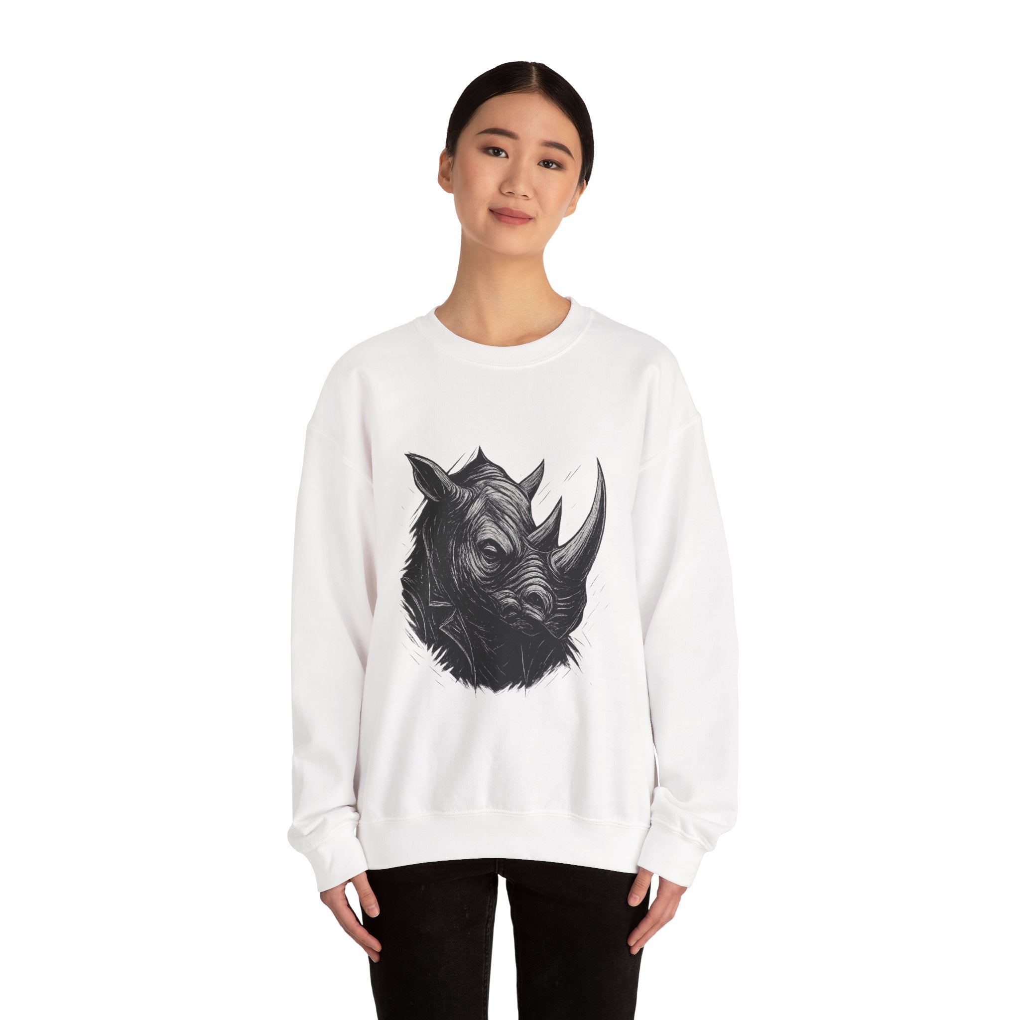 Grunge Rhino Crewneck Sweatshirt, Punk Style Black and White Rhino Design, Distressed Illustration, Rebel Animal Graphic Sweatshirt, Linocut