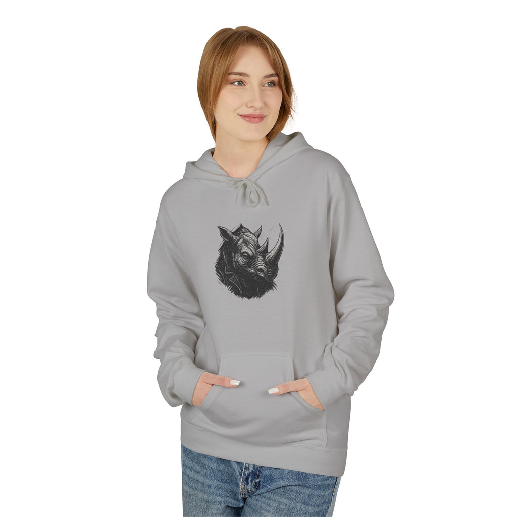 Grunge Rhino Hoodie, Punk Style Soft Fleece Sweatshirt, Animal Lover Gift, Black and White Graphic, Rebel Rhino Sweatshirt, Distressed Rhino