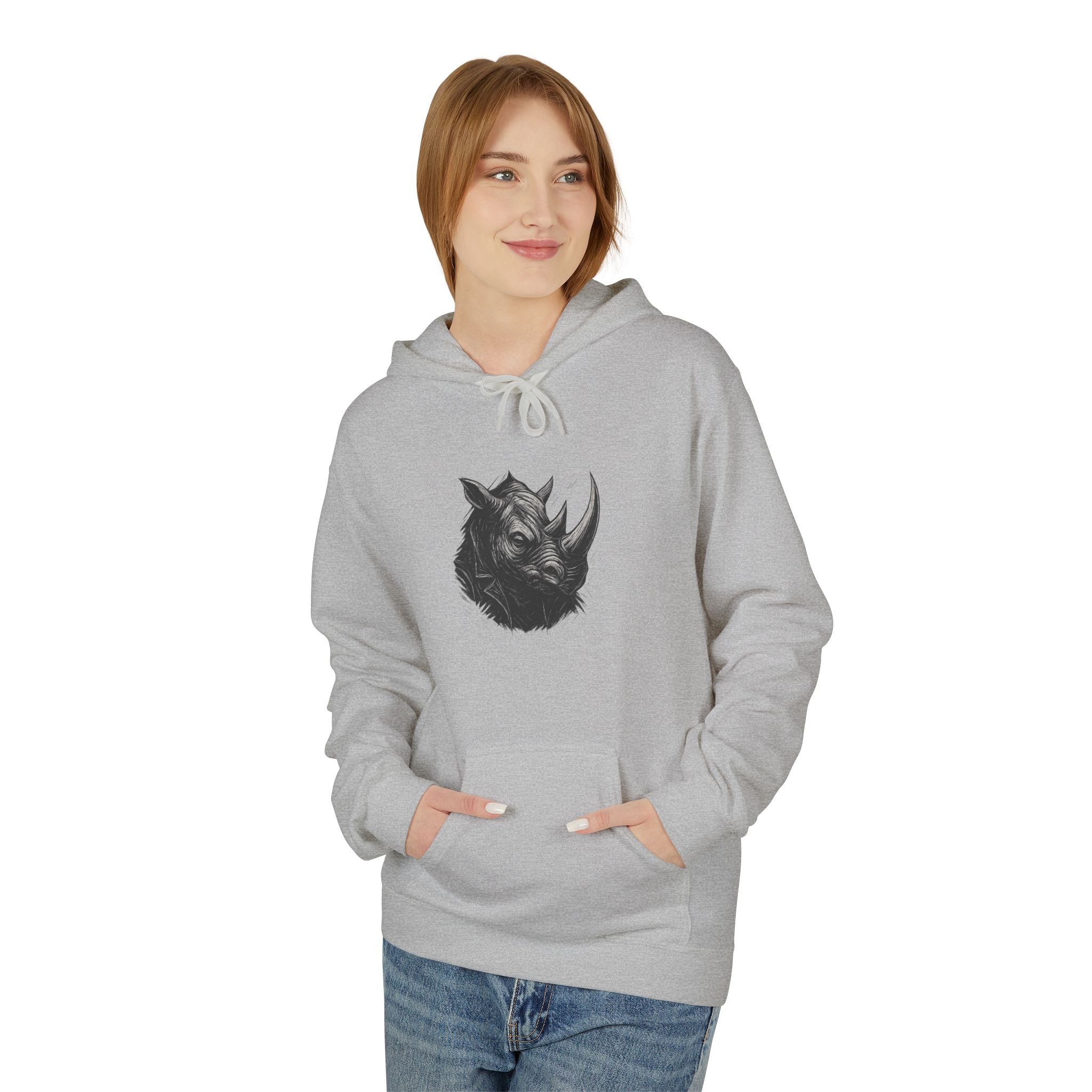 Grunge Rhino Hoodie, Punk Style Soft Fleece Sweatshirt, Animal Lover Gift, Black and White Graphic, Rebel Rhino Sweatshirt, Distressed Rhino