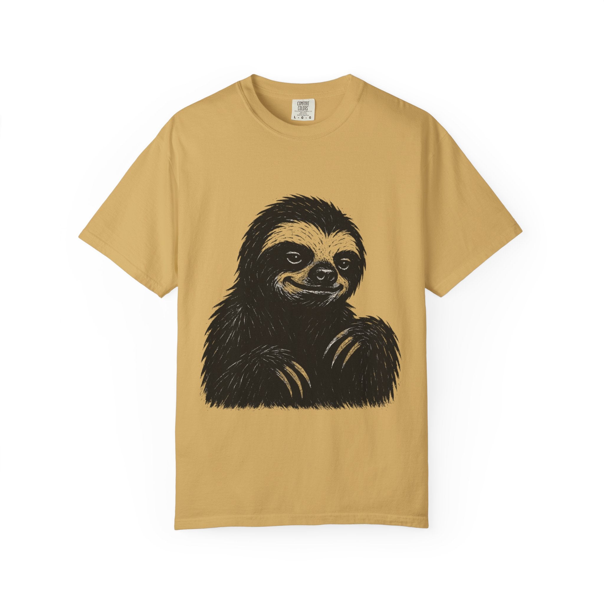 Sloth Linocut T-shirt, Grunge Style Tee, Rebel Sloth Graphic Shirt, Distressed Off-White Top, Bold Black Print, Handmade Illustration,