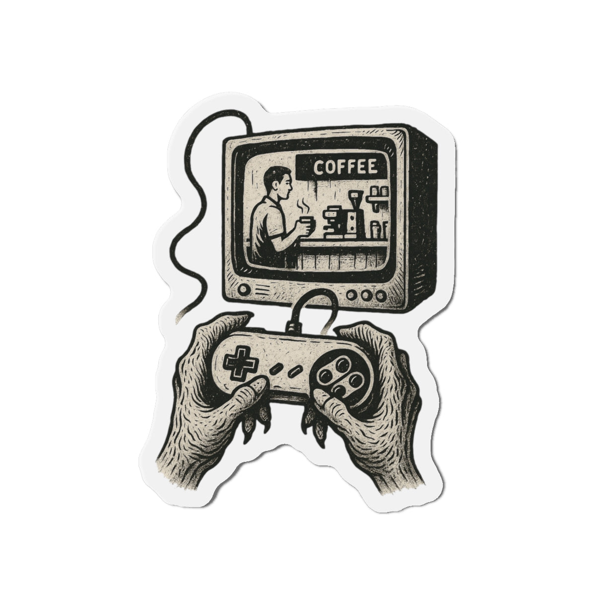 Die-Cut Magnet - Retro Video Game Coffee Scene, Grunge-Punk Alien Hands, Linocut Style, Witty, Handmade, Ironic, Unique Kitchen Decor,