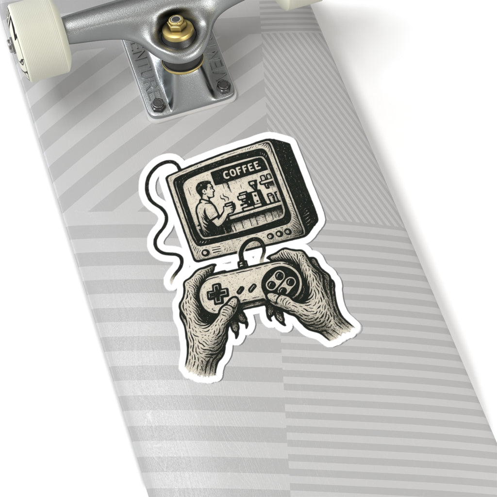 Grunge-Punk Alien Coffee Scene Kiss-Cut Stickers, Retro Gamer Decal, Alternative Art Print Aesthetic, Unique Vinyl Decal, Laptop Sticker