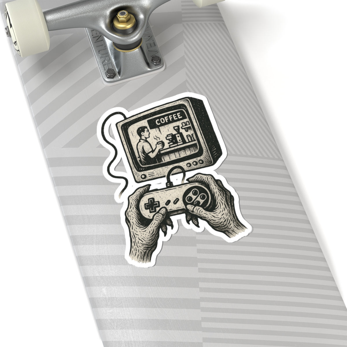 Grunge-Punk Alien Coffee Scene Kiss-Cut Stickers, Retro Gamer Decal, Alternative Art Print Aesthetic, Unique Vinyl Decal, Laptop Sticker