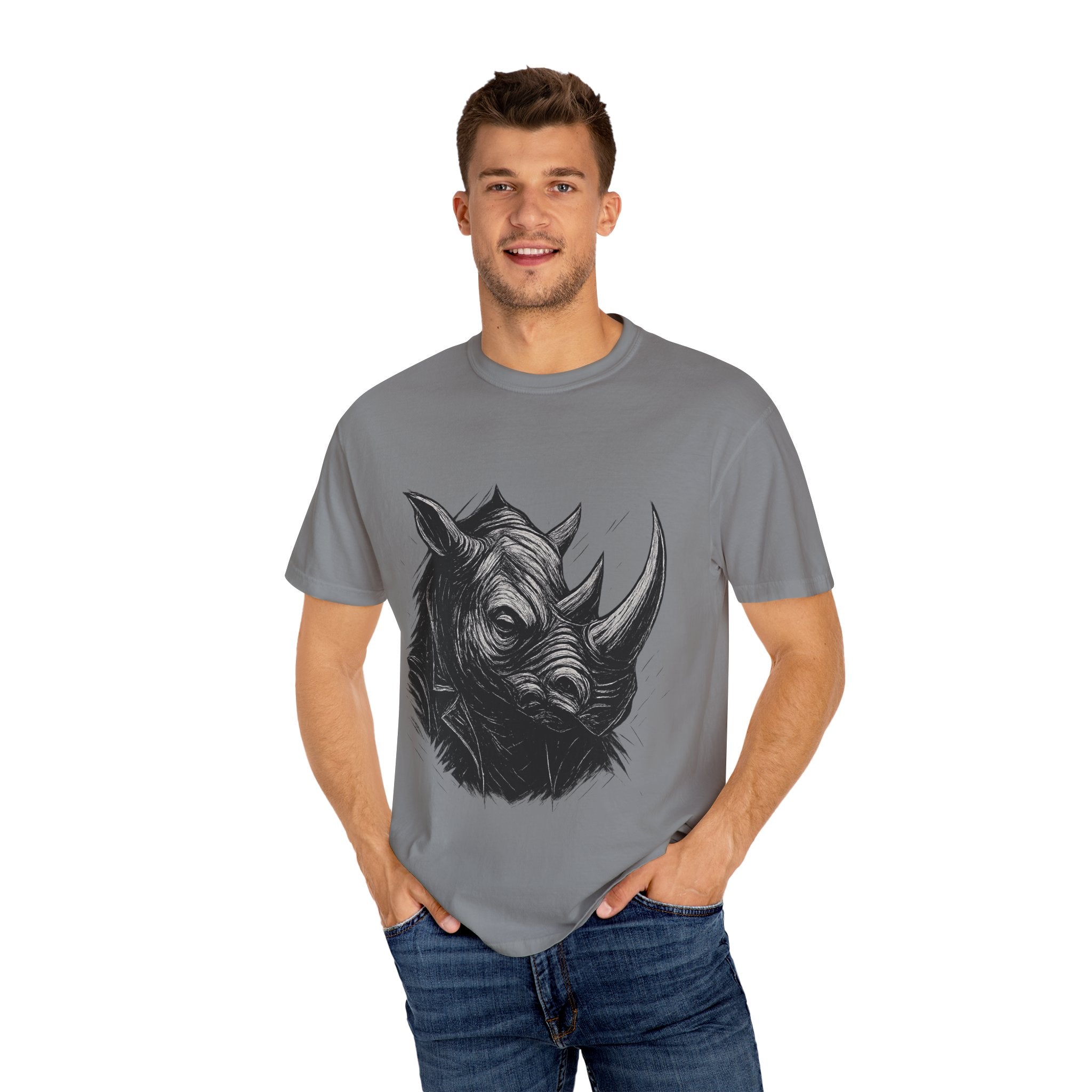 Grunge Rhino T-shirt, Punk Rhino Tee, Rhino Linocut Shirt, Rebel Rhinoceros Top, Edgy Animal Graphic Tee