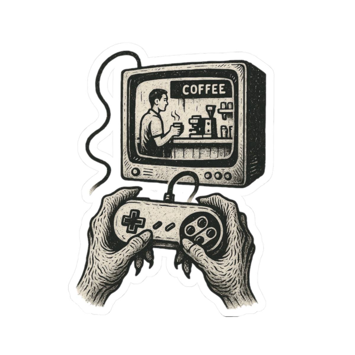 Grunge-Punk Alien Coffee Scene Kiss-Cut Stickers, Retro Gamer Decal, Alternative Art Print Aesthetic, Unique Vinyl Decal, Laptop Sticker