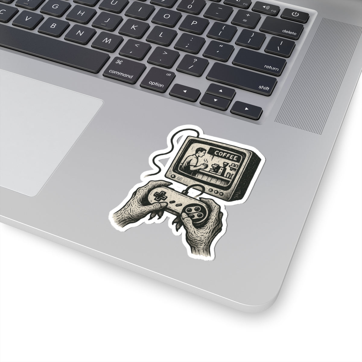 Grunge-Punk Alien Coffee Scene Kiss-Cut Stickers, Retro Gamer Decal, Alternative Art Print Aesthetic, Unique Vinyl Decal, Laptop Sticker