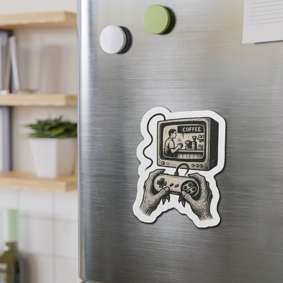 Die-Cut Magnet - Retro Video Game Coffee Scene, Grunge-Punk Alien Hands, Linocut Style, Witty, Handmade, Ironic, Unique Kitchen Decor,