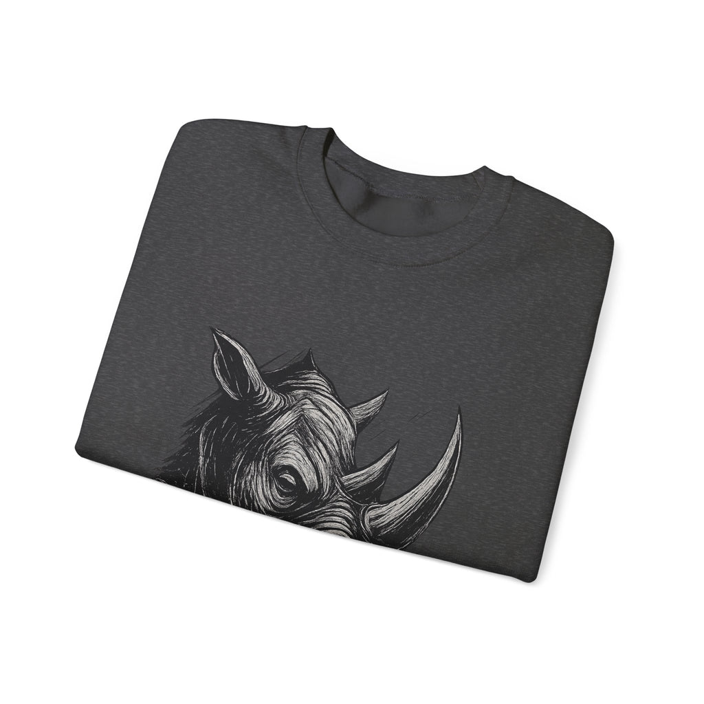 Grunge Rhino Crewneck Sweatshirt, Punk Style Black and White Rhino Design, Distressed Illustration, Rebel Animal Graphic Sweatshirt, Linocut