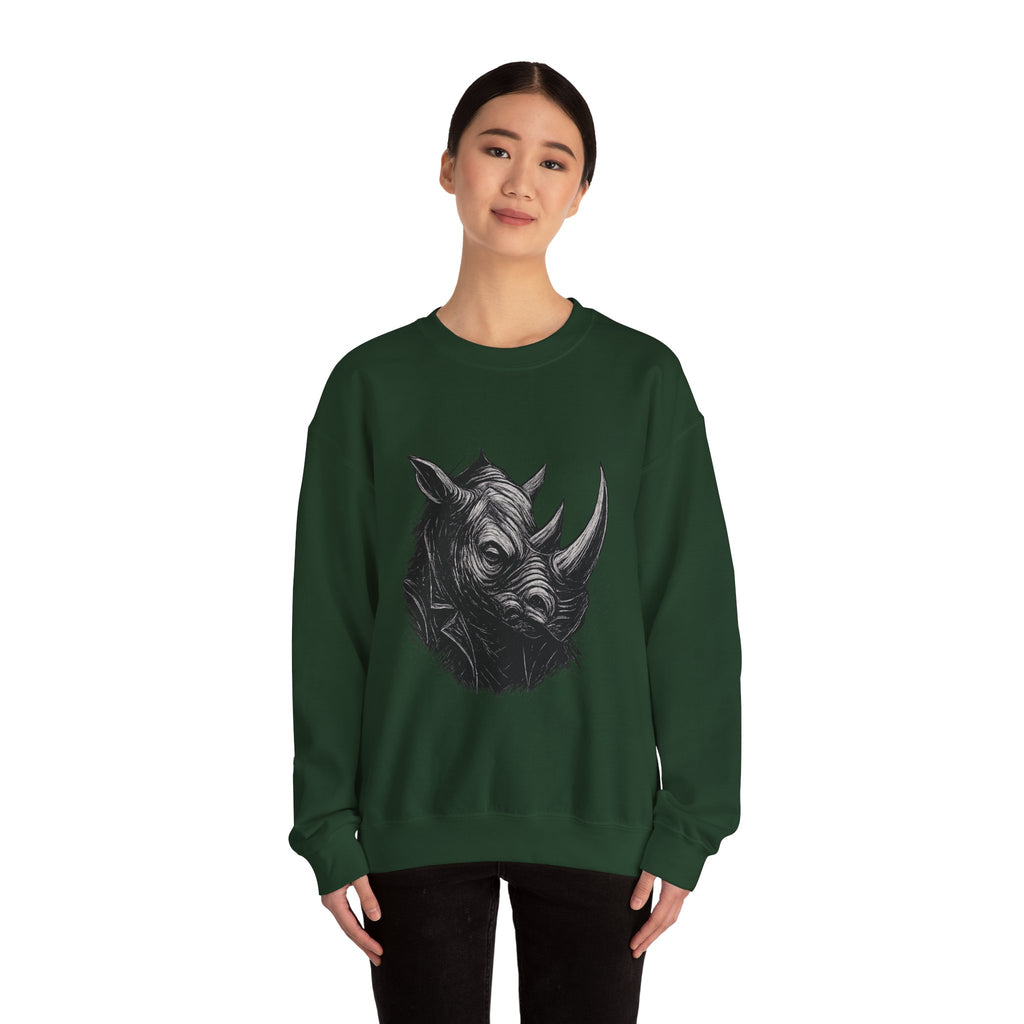 Grunge Rhino Crewneck Sweatshirt, Punk Style Black and White Rhino Design, Distressed Illustration, Rebel Animal Graphic Sweatshirt, Linocut
