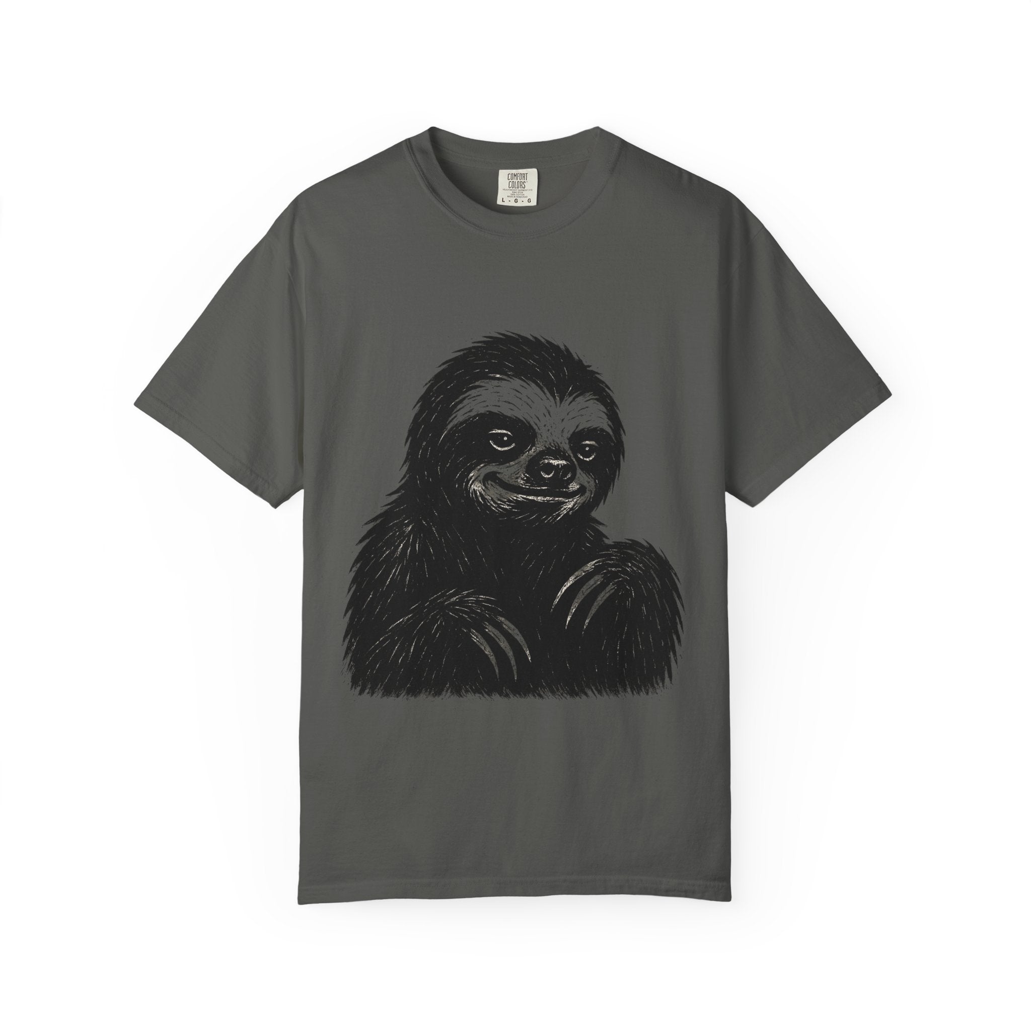 Sloth Linocut T-shirt, Grunge Style Tee, Rebel Sloth Graphic Shirt, Distressed Off-White Top, Bold Black Print, Handmade Illustration,