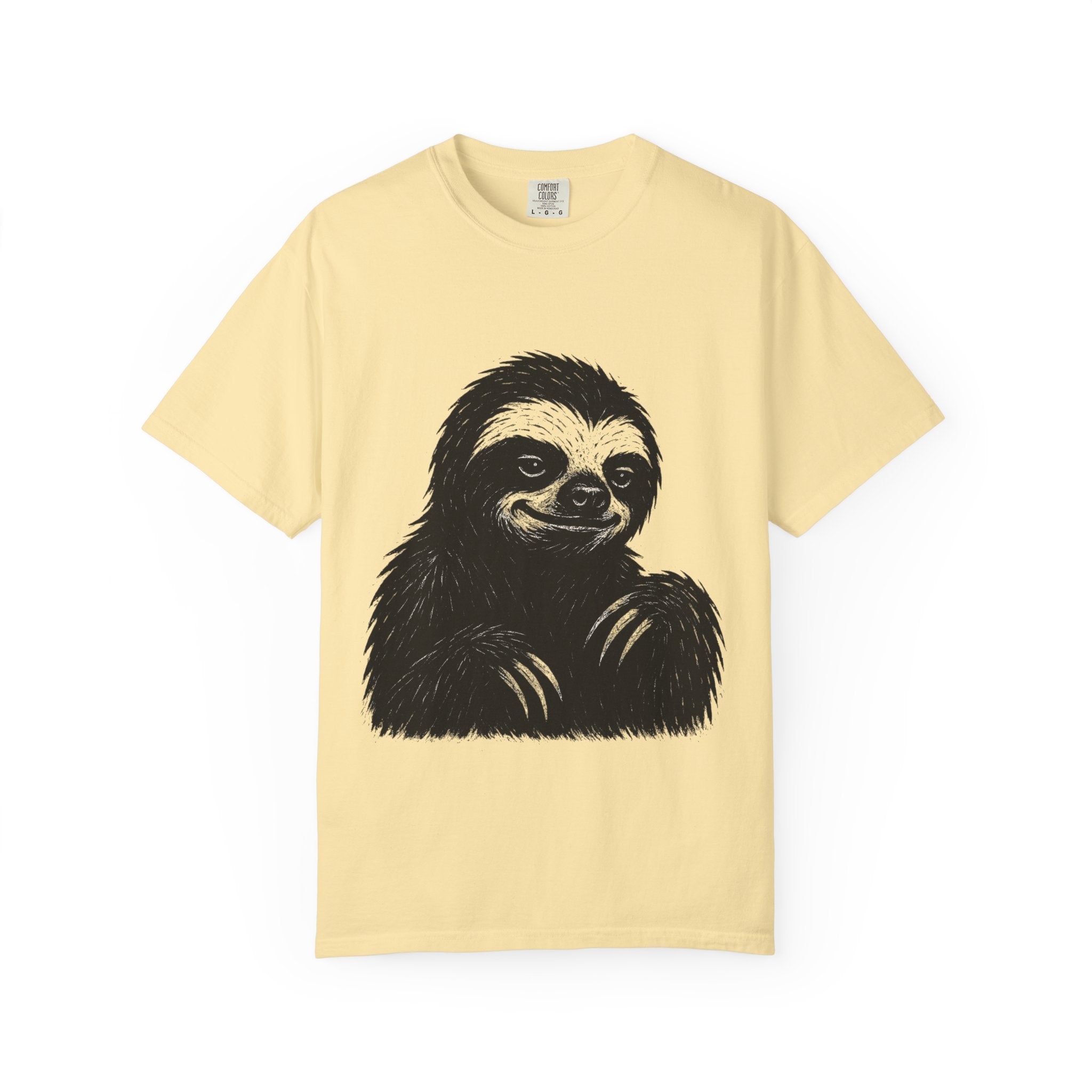 Sloth Linocut T-shirt, Grunge Style Tee, Rebel Sloth Graphic Shirt, Distressed Off-White Top, Bold Black Print, Handmade Illustration,
