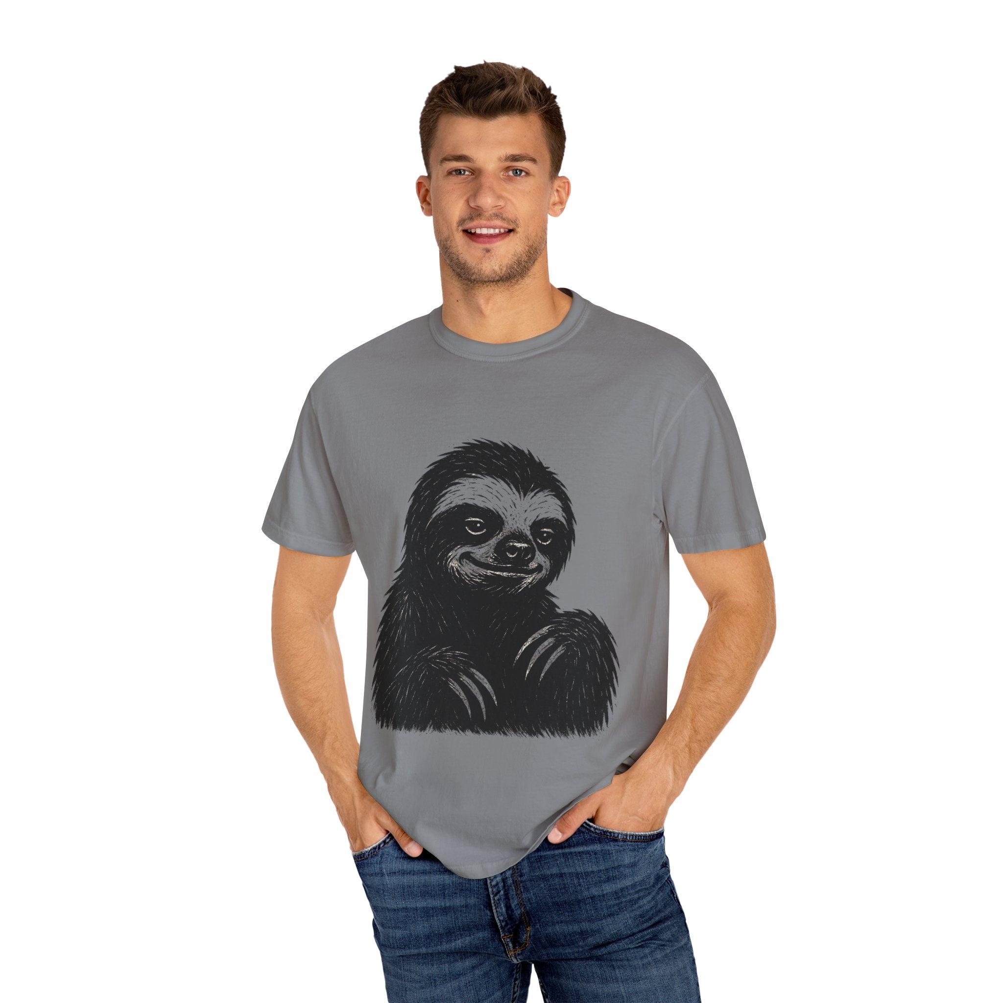 Sloth Linocut T-shirt, Grunge Style Tee, Rebel Sloth Graphic Shirt, Distressed Off-White Top, Bold Black Print, Handmade Illustration,