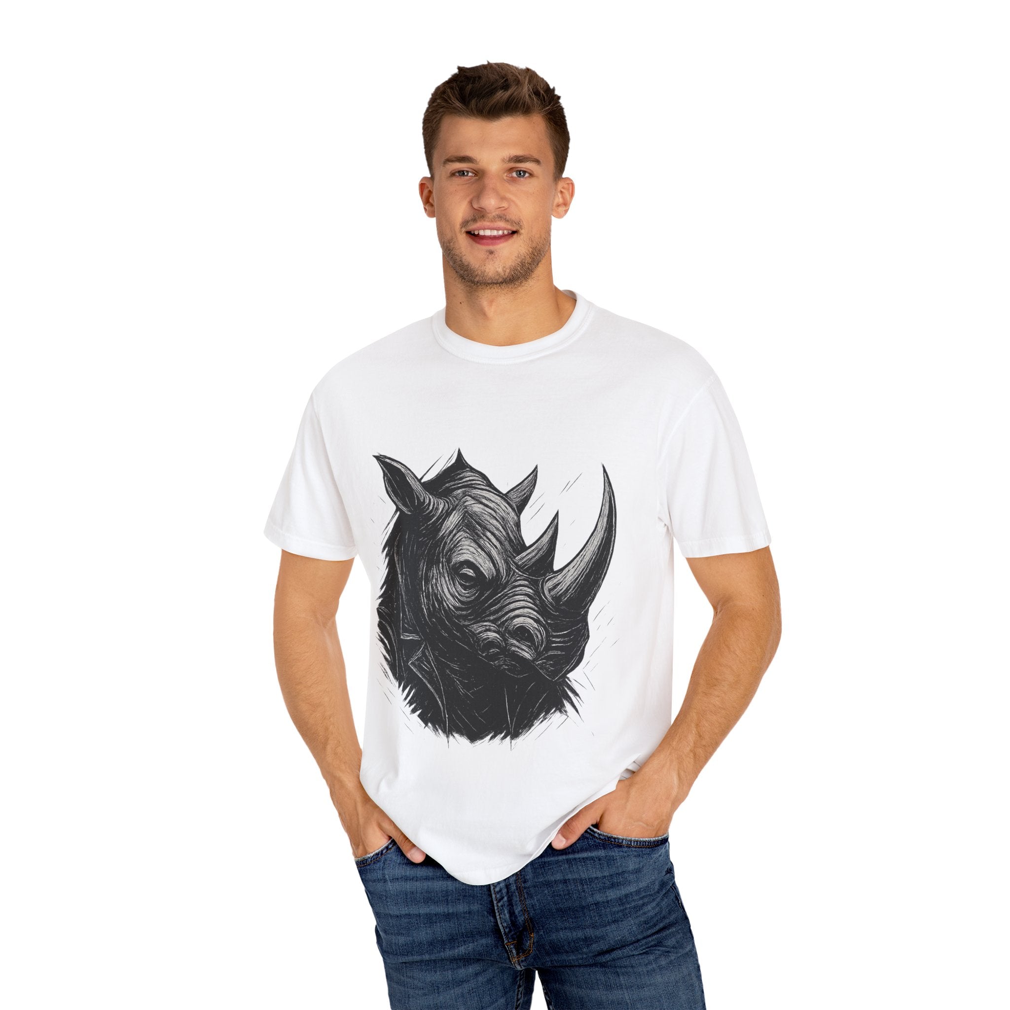 Grunge Rhino T-shirt, Punk Rhino Tee, Rhino Linocut Shirt, Rebel Rhinoceros Top, Edgy Animal Graphic Tee