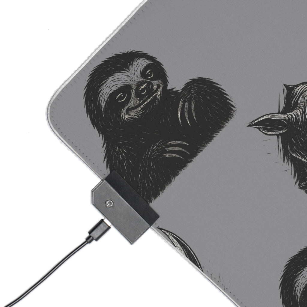 LED Gaming Mouse Pad with Unique Creature Design, Rhino and Sloth Illustrations, Punk Style Desk Mat for Gamers, Birthday Gift, Gaming