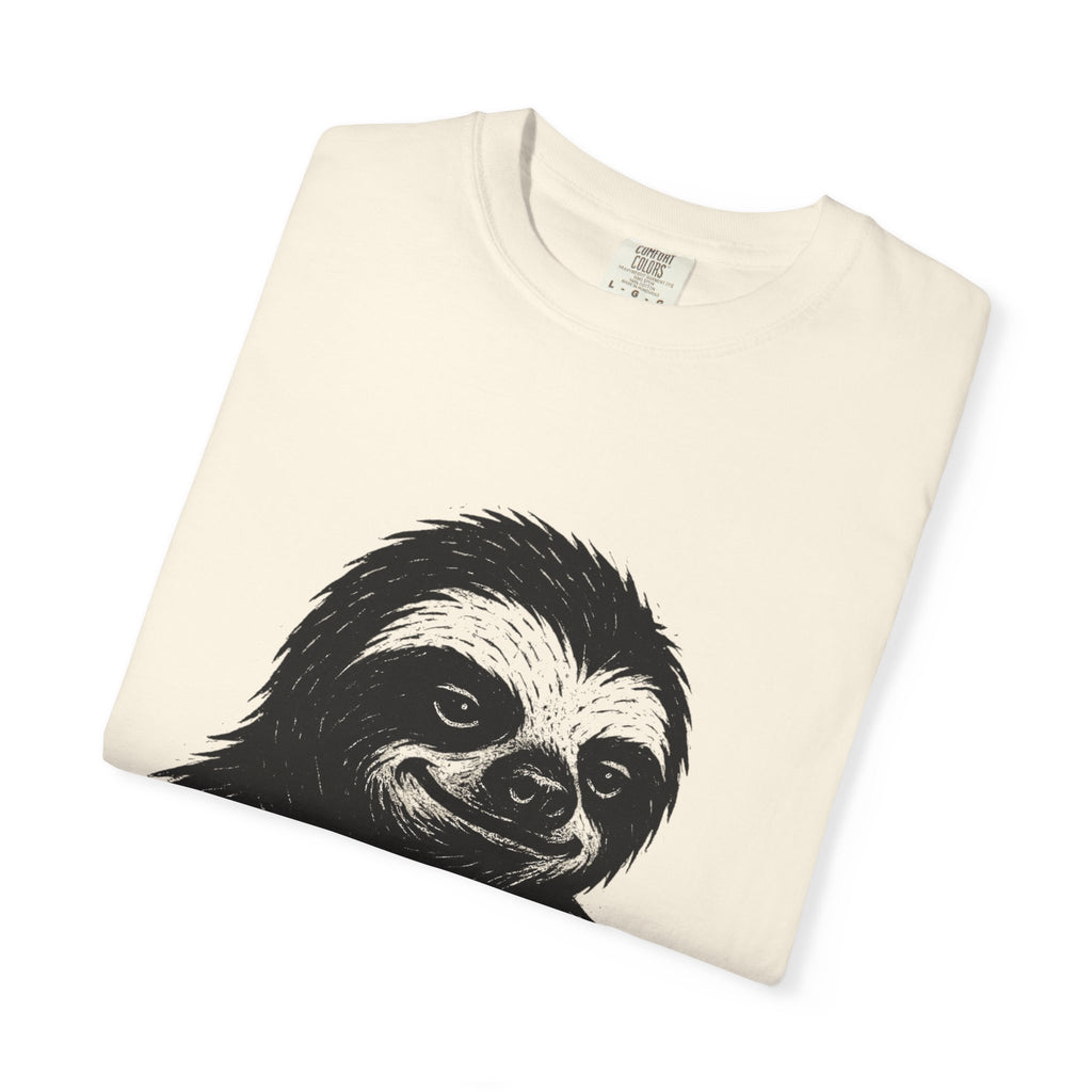 Sloth Linocut T-shirt, Grunge Style Tee, Rebel Sloth Graphic Shirt, Distressed Off-White Top, Bold Black Print, Handmade Illustration,