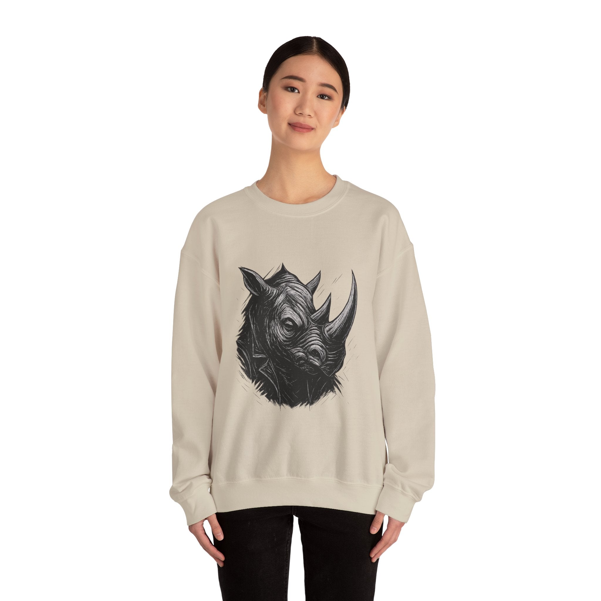 Grunge Rhino Crewneck Sweatshirt, Punk Style Black and White Rhino Design, Distressed Illustration, Rebel Animal Graphic Sweatshirt, Linocut