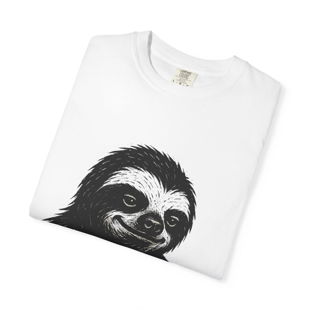 Sloth Linocut T-shirt, Grunge Style Tee, Rebel Sloth Graphic Shirt, Distressed Off-White Top, Bold Black Print, Handmade Illustration,
