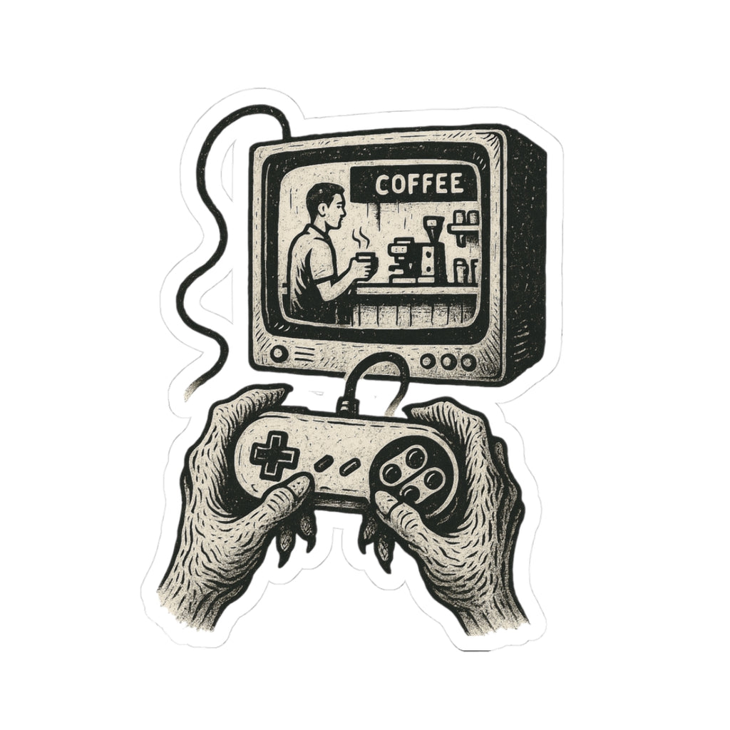 Grunge-Punk Alien Coffee Scene Kiss-Cut Stickers, Retro Gamer Decal, Alternative Art Print Aesthetic, Unique Vinyl Decal, Laptop Sticker