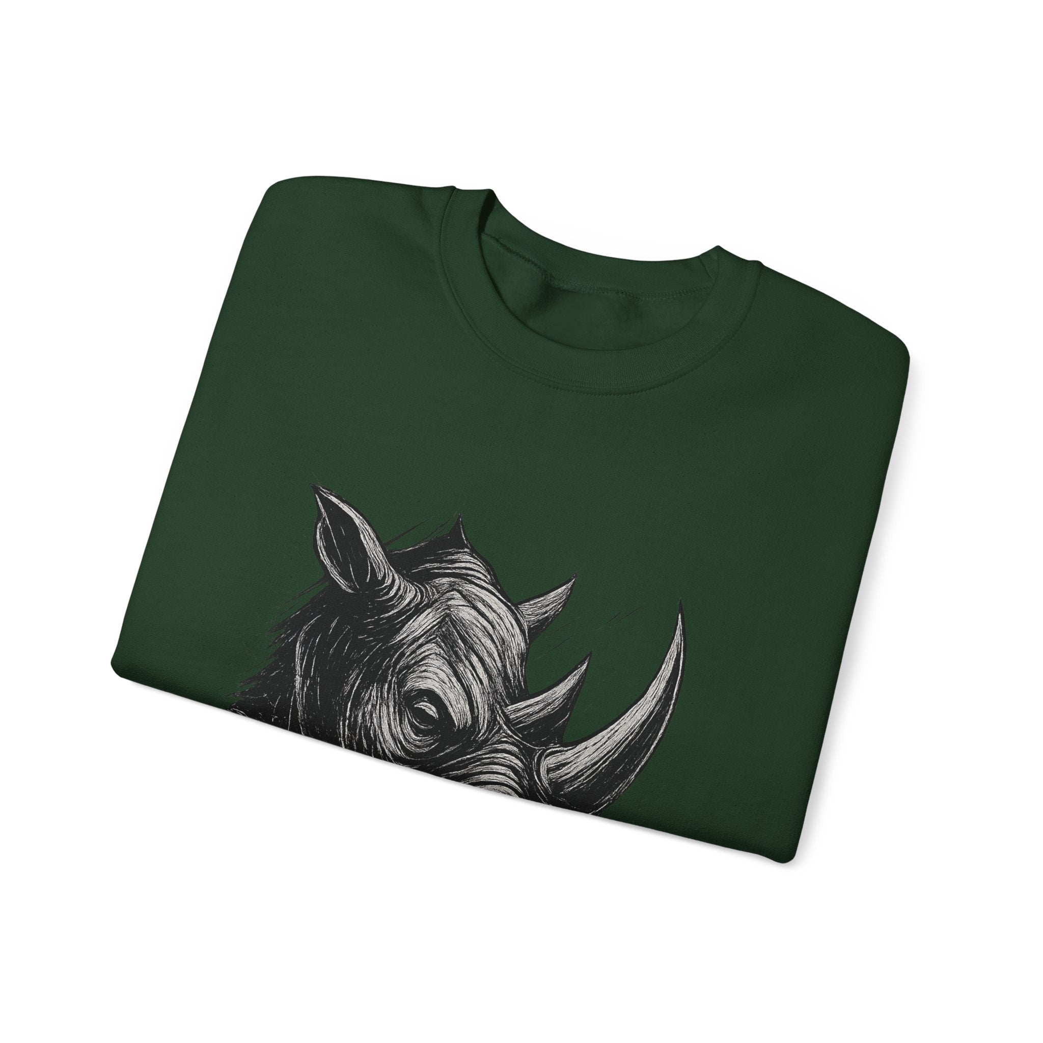 Grunge Rhino Crewneck Sweatshirt, Punk Style Black and White Rhino Design, Distressed Illustration, Rebel Animal Graphic Sweatshirt, Linocut
