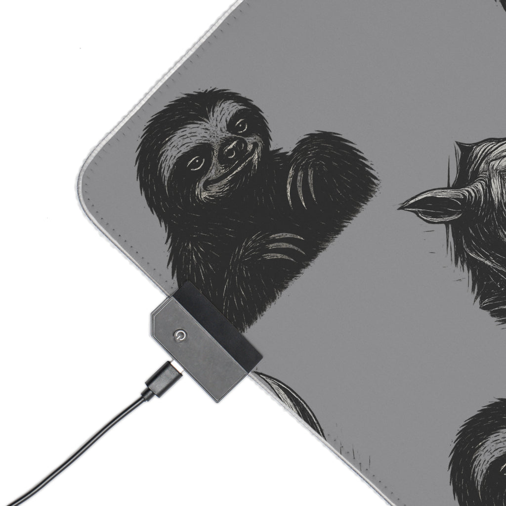 LED Gaming Mouse Pad with Unique Creature Design, Rhino and Sloth Illustrations, Punk Style Desk Mat for Gamers, Birthday Gift, Gaming