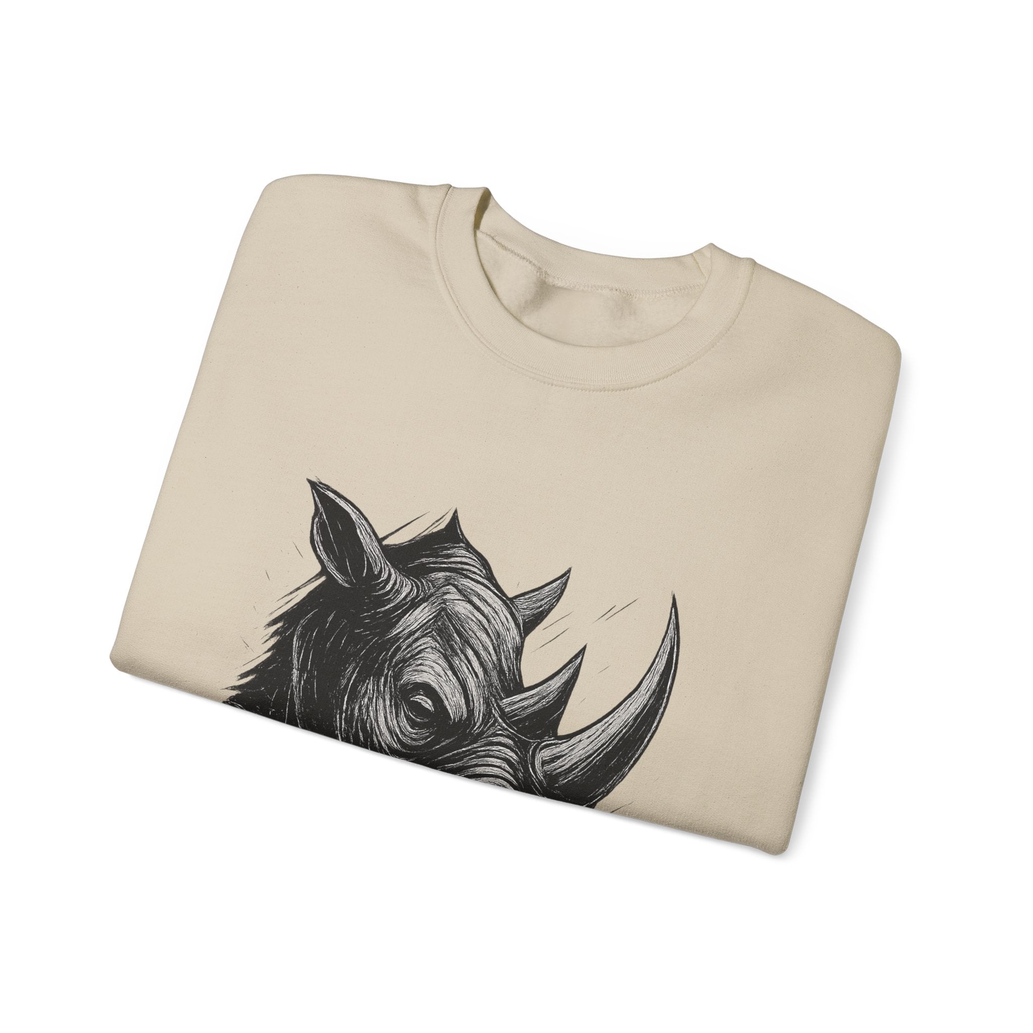 Grunge Rhino Crewneck Sweatshirt, Punk Style Black and White Rhino Design, Distressed Illustration, Rebel Animal Graphic Sweatshirt, Linocut
