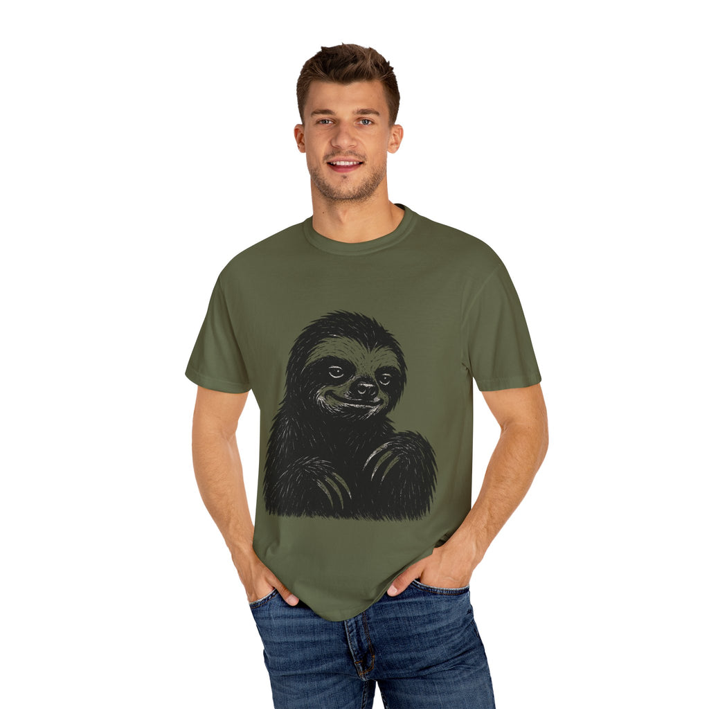 Sloth Linocut T-shirt, Grunge Style Tee, Rebel Sloth Graphic Shirt, Distressed Off-White Top, Bold Black Print, Handmade Illustration,