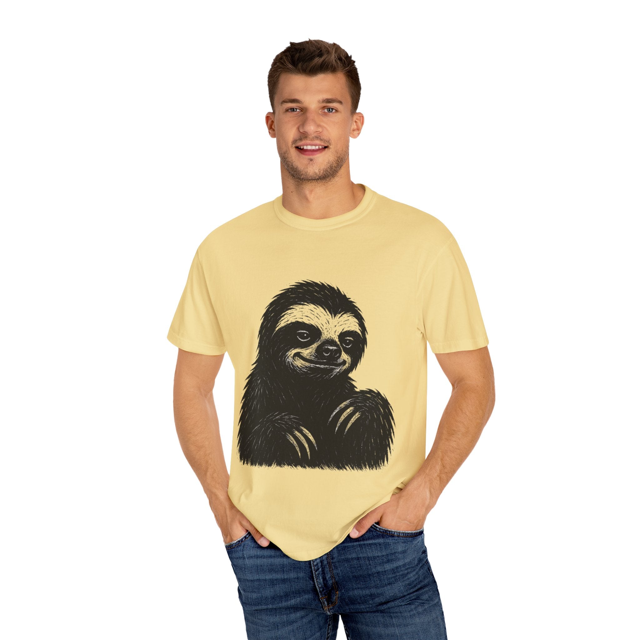 Sloth Linocut T-shirt, Grunge Style Tee, Rebel Sloth Graphic Shirt, Distressed Off-White Top, Bold Black Print, Handmade Illustration,