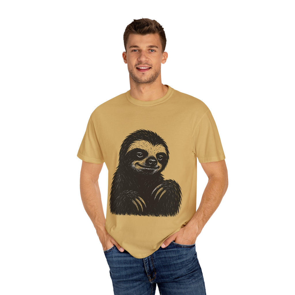 Sloth Linocut T-shirt, Grunge Style Tee, Rebel Sloth Graphic Shirt, Distressed Off-White Top, Bold Black Print, Handmade Illustration,