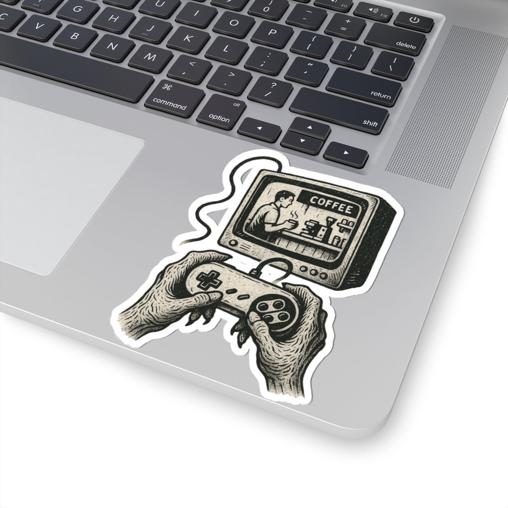 Grunge-Punk Alien Coffee Scene Kiss-Cut Stickers, Retro Gamer Decal, Alternative Art Print Aesthetic, Unique Vinyl Decal, Laptop Sticker